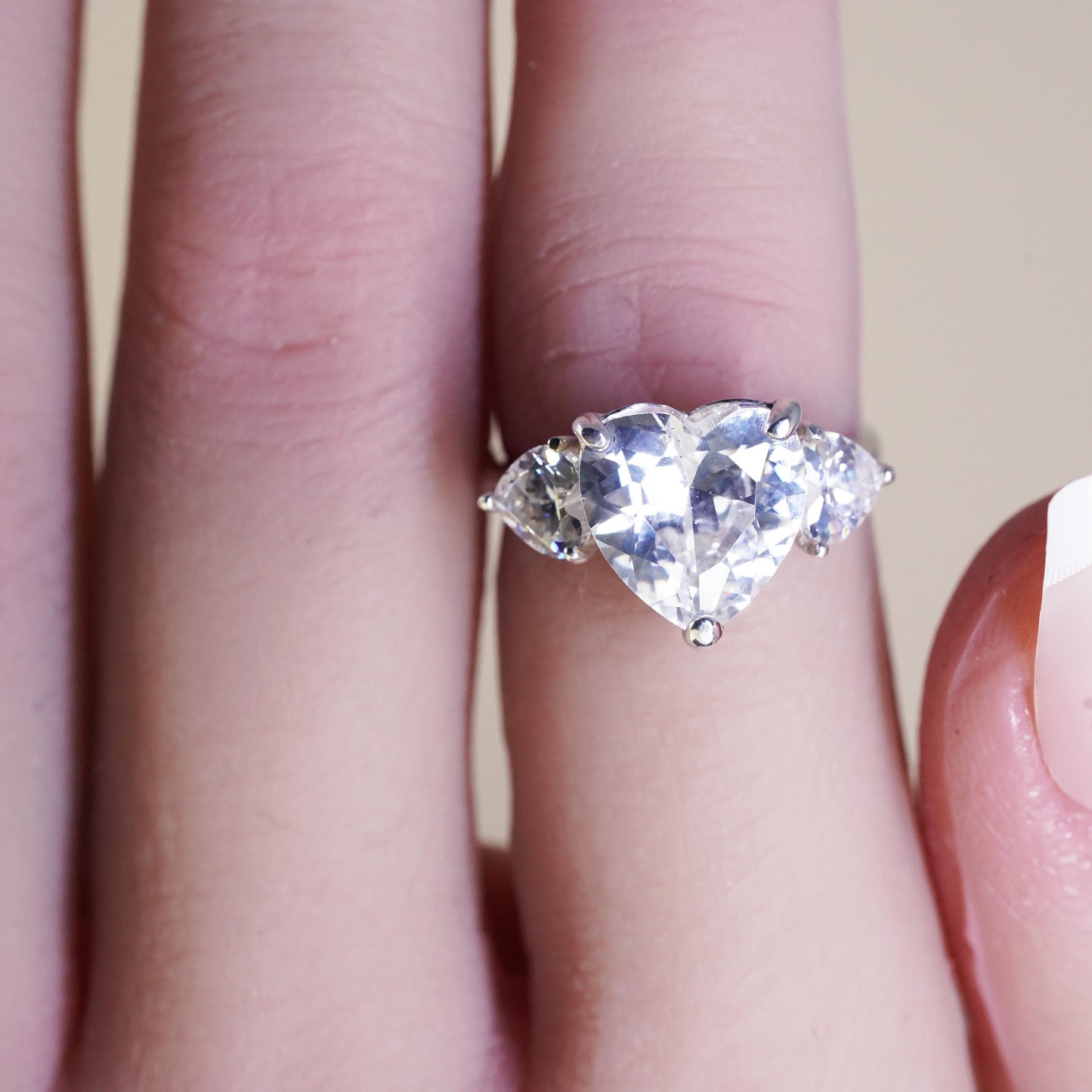 Size 5, Vintage sterling silver handmade ring, engagement ring with heart cz