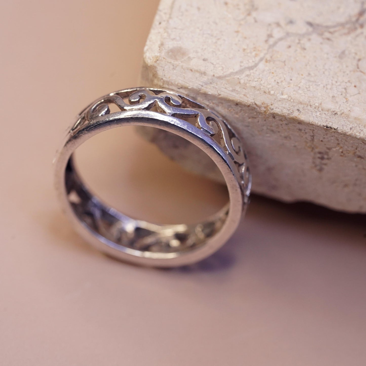 Size 7.5, vintage sterling silver handmade ring, 925 filigree spiral band