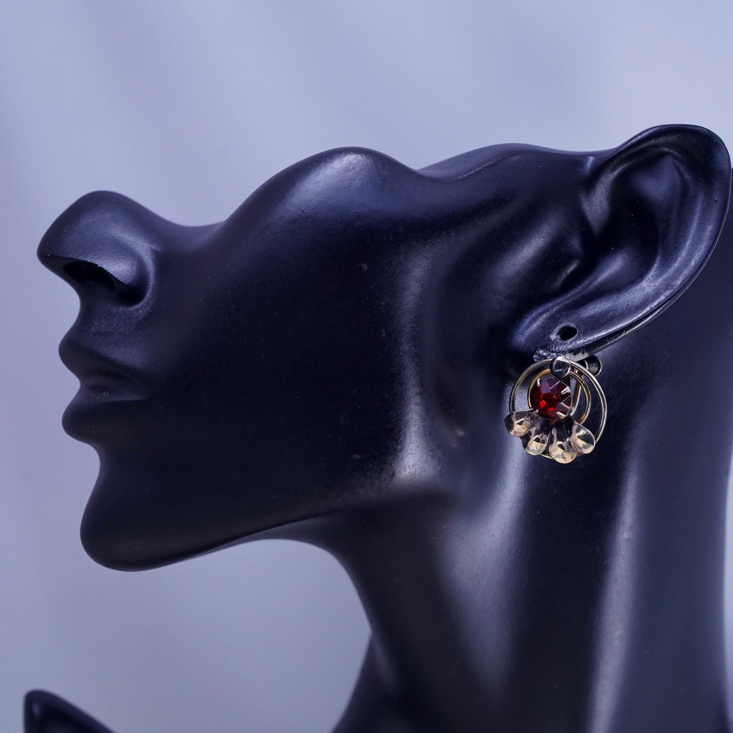Vintage gold plated Sterling 925 silver screw back earrings with red Rhinestone