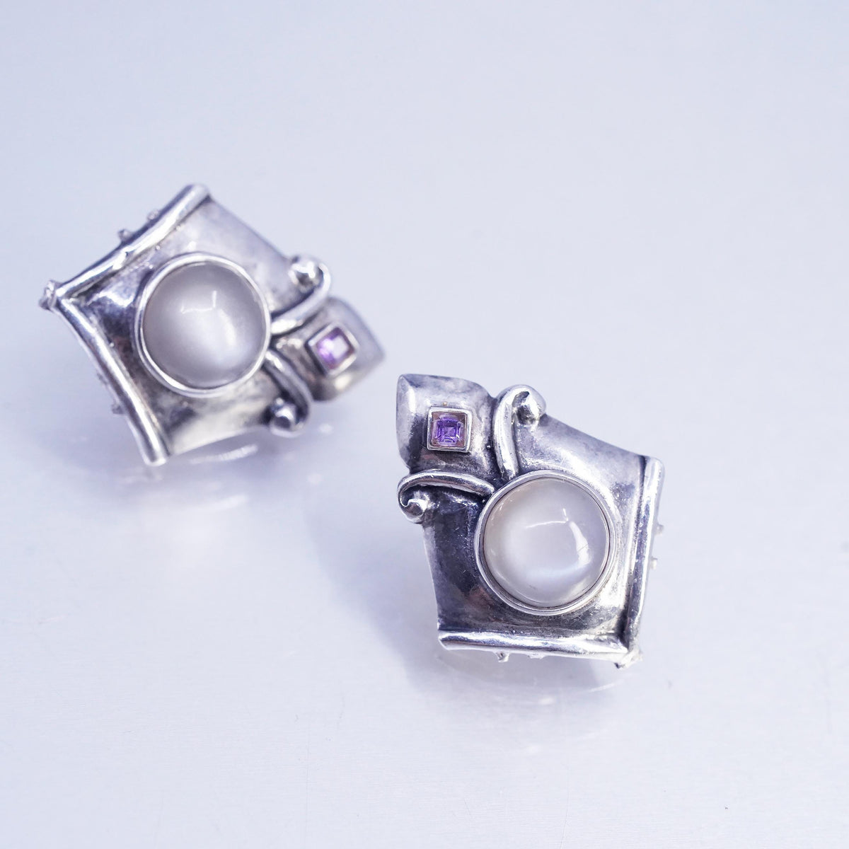 Vintage Sterling 925 silver handmade studs earrings white moonstone amethyst