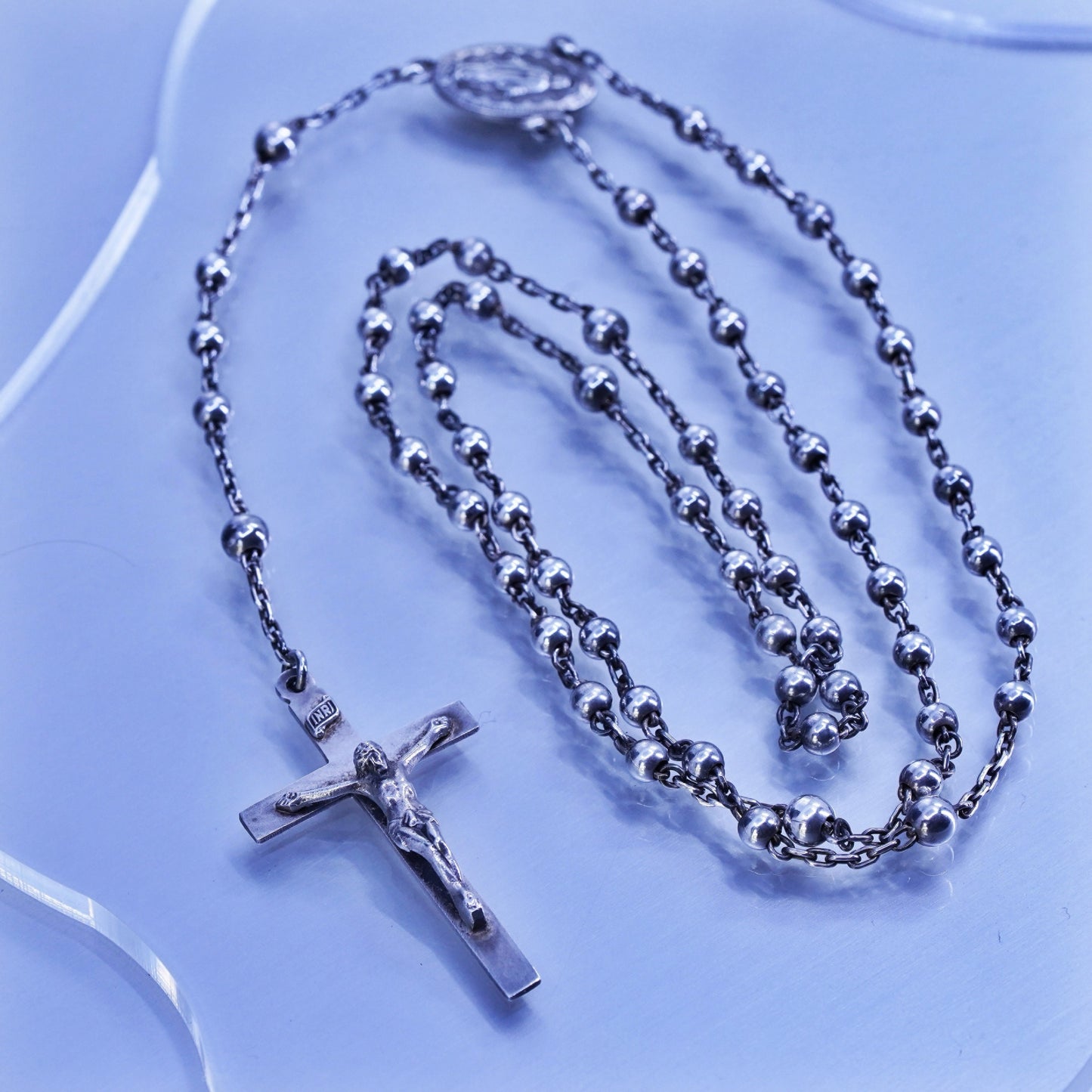 24”, Georgia sterling silver rosary necklace circle chain Jesus cross beads
