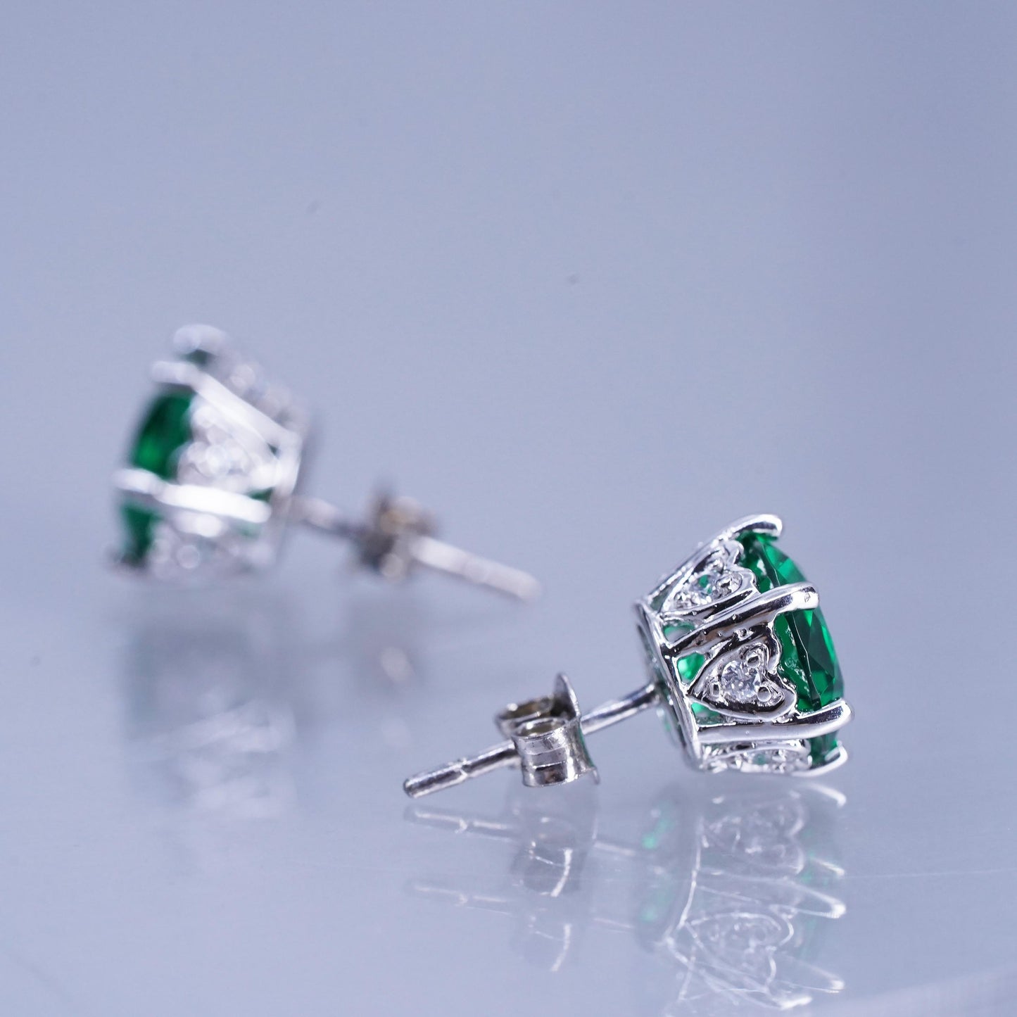 Vintage Sterling 925 silver handmade earrings, studs w/ emerald cz on the side