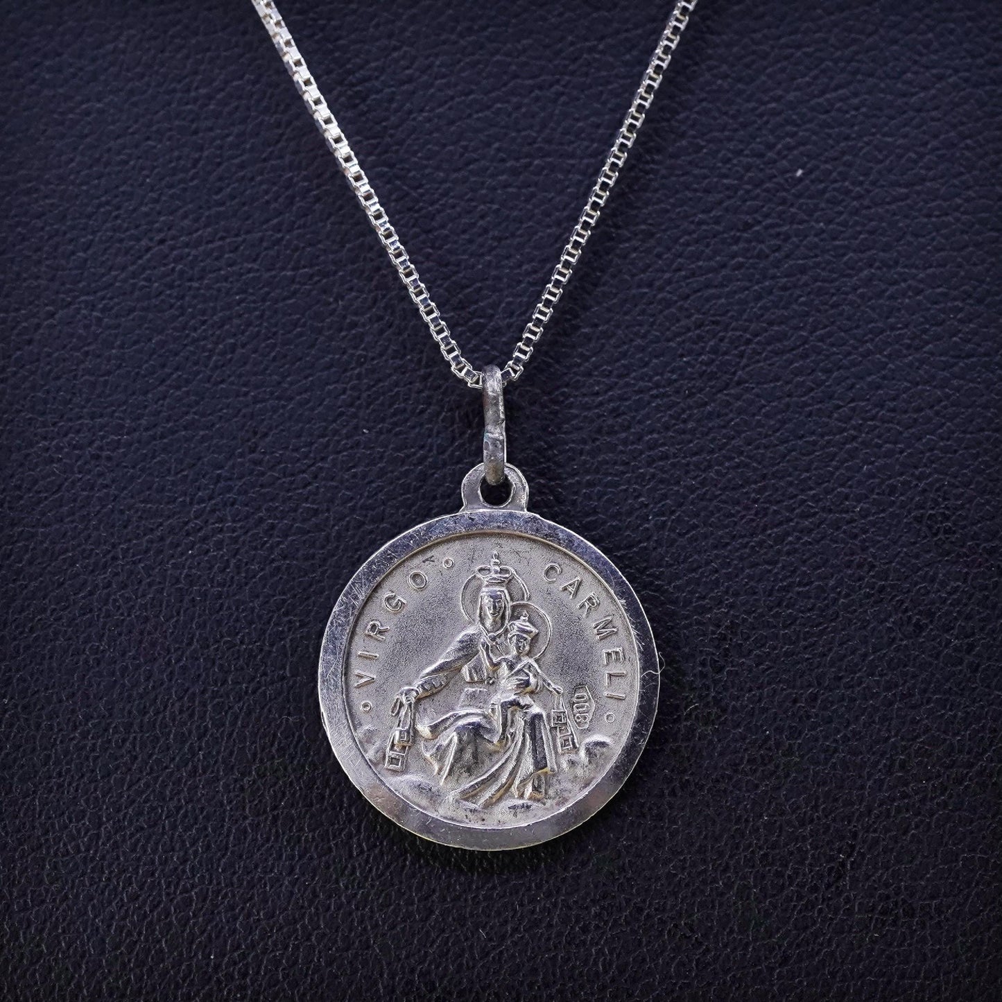 Sterling silver pendant, 925 box chain with double sided Jesus Virgo Carmelo