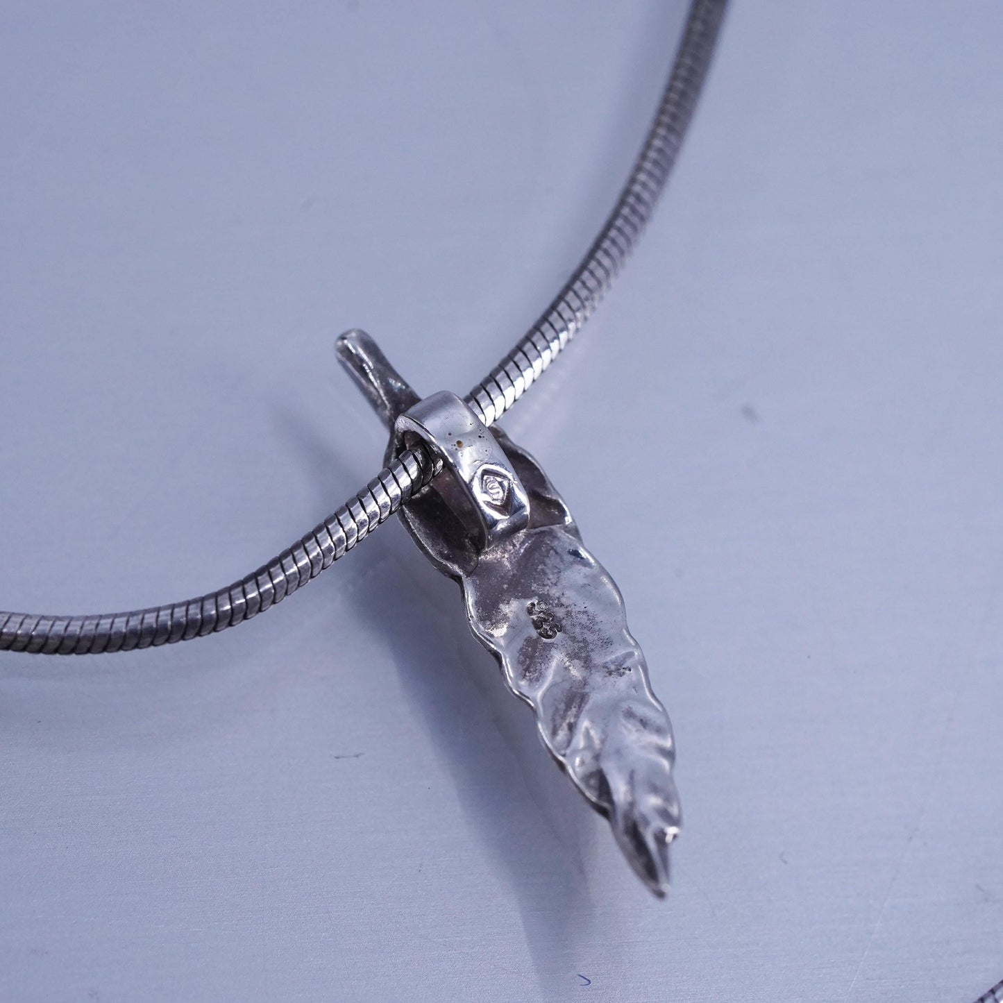 16”, vintage Sterling 925 silver handmade snake chain necklace feather pendant