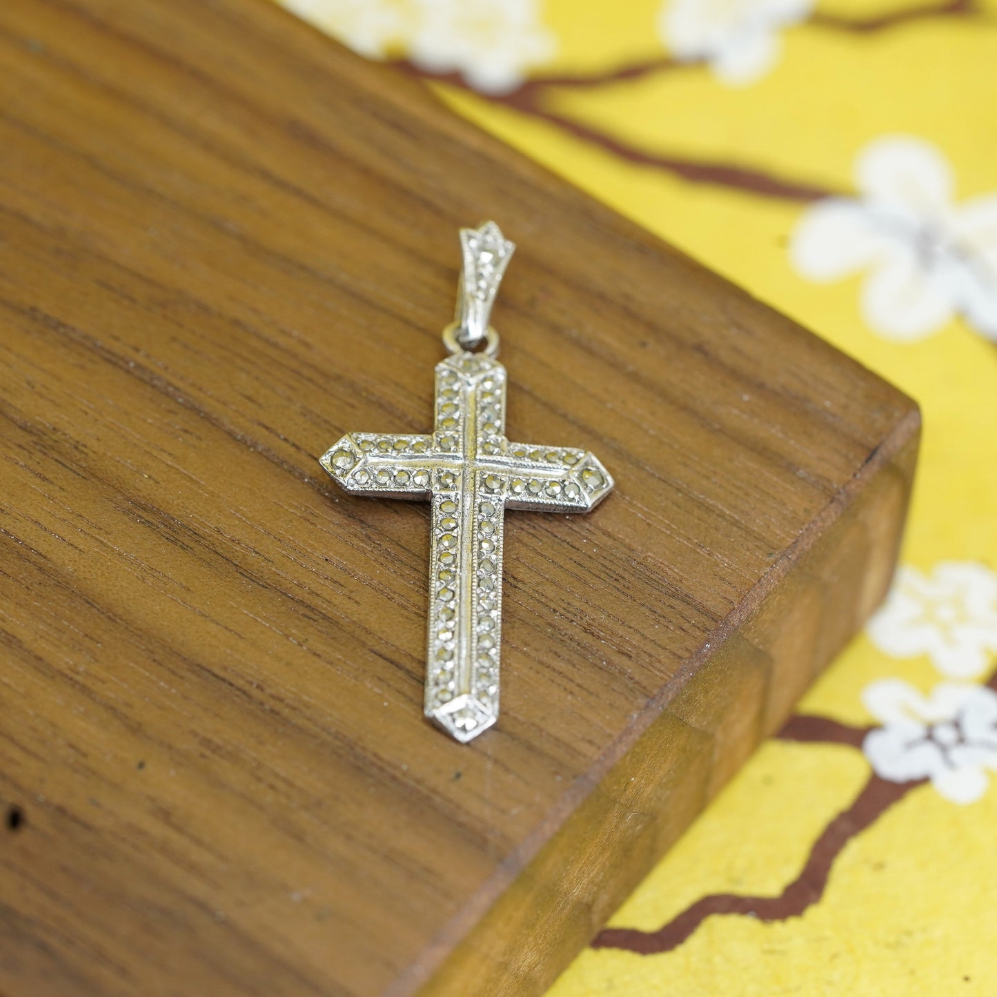 art deco KD Sterling silver handmade pendant, 925 cross with marcasite inlay