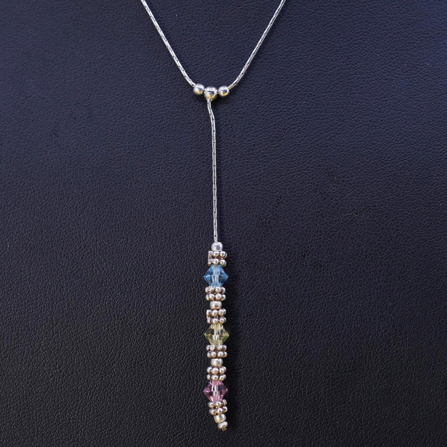 16” 1mm, vintage sterling 925 silver snake necklace with crystal pendant