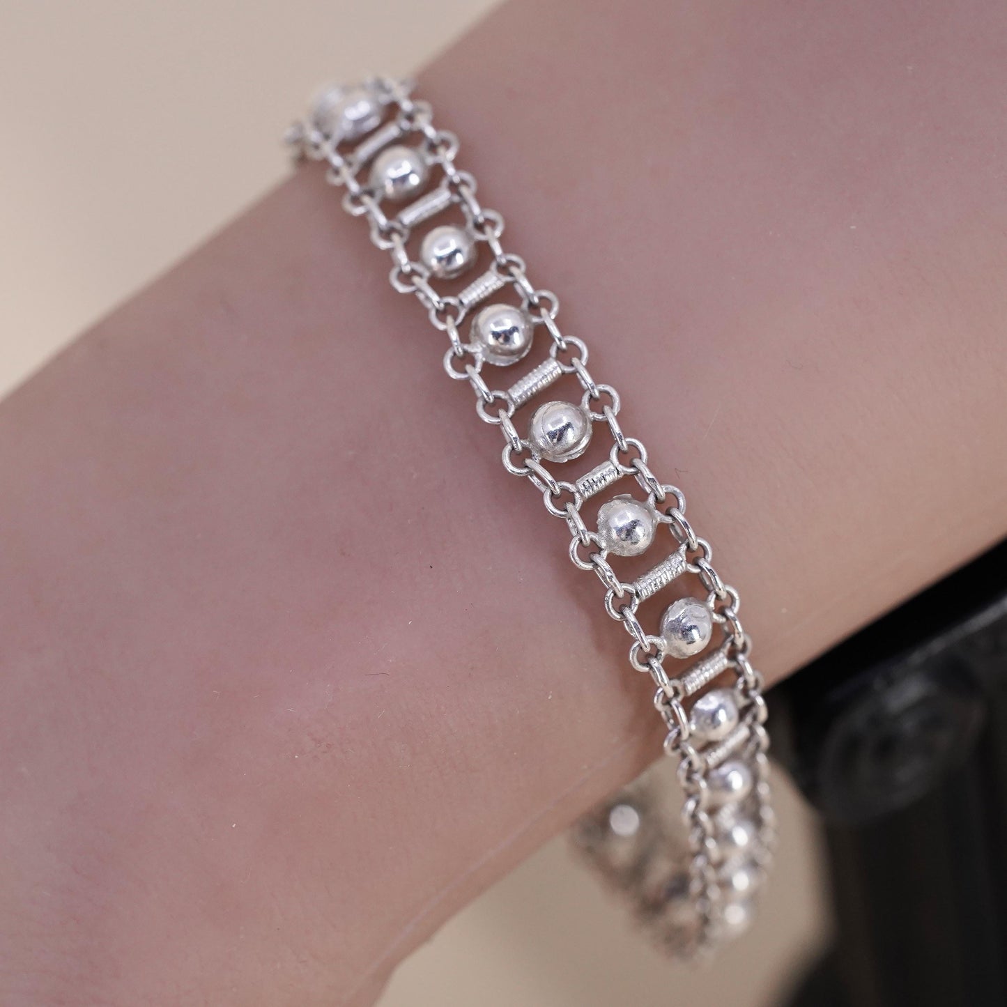7.5”, Vintage sterling silver handmade bracelet, 925 snake chain with 3mm beads