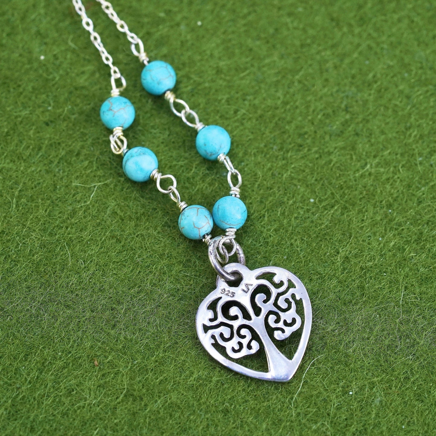 18", Native American Sterling silver necklace, 925 circle chain heart turquoise
