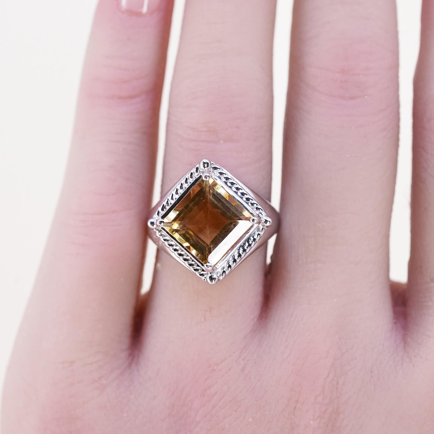 Size 7.25, vintage Sterling 925 silver handmade statement ring square citrine