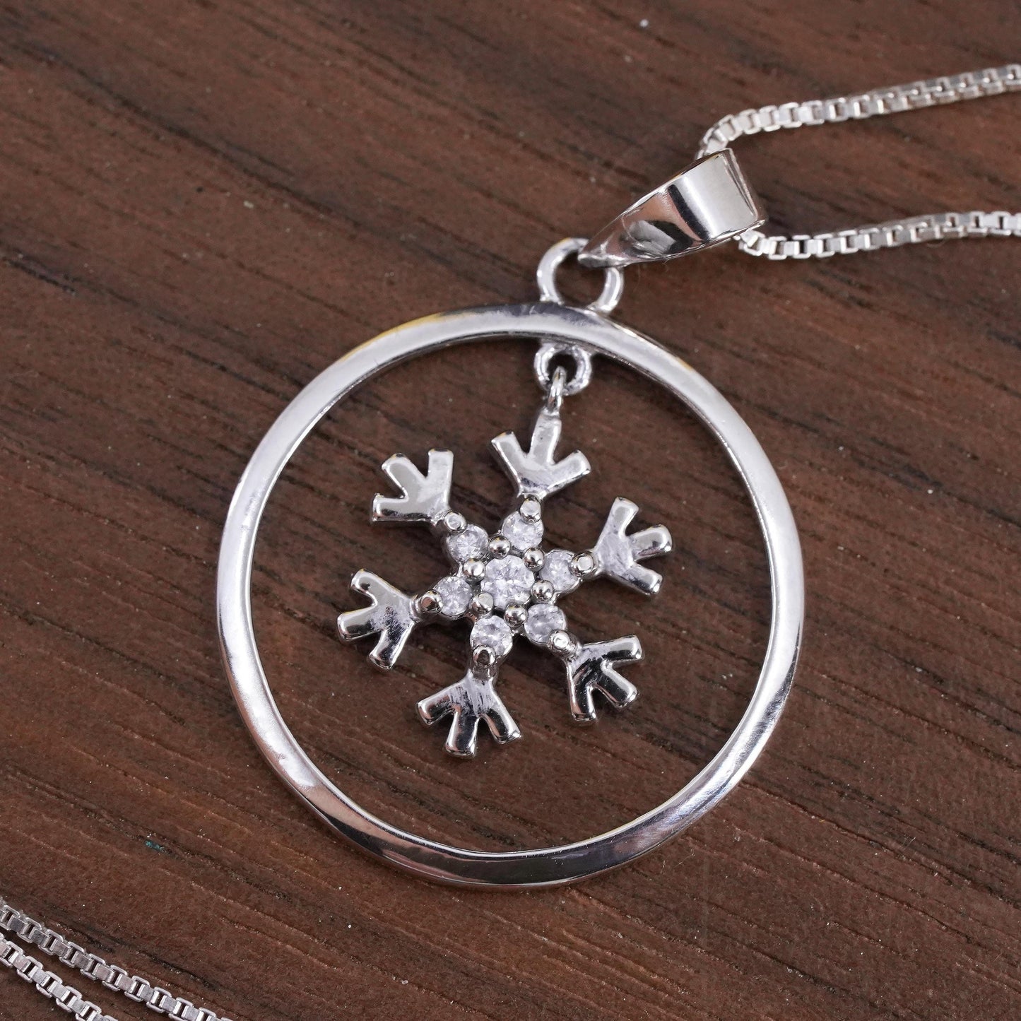 18”, Vintage Sterling silver necklace, 925 box chain cz snowflake charm pendant