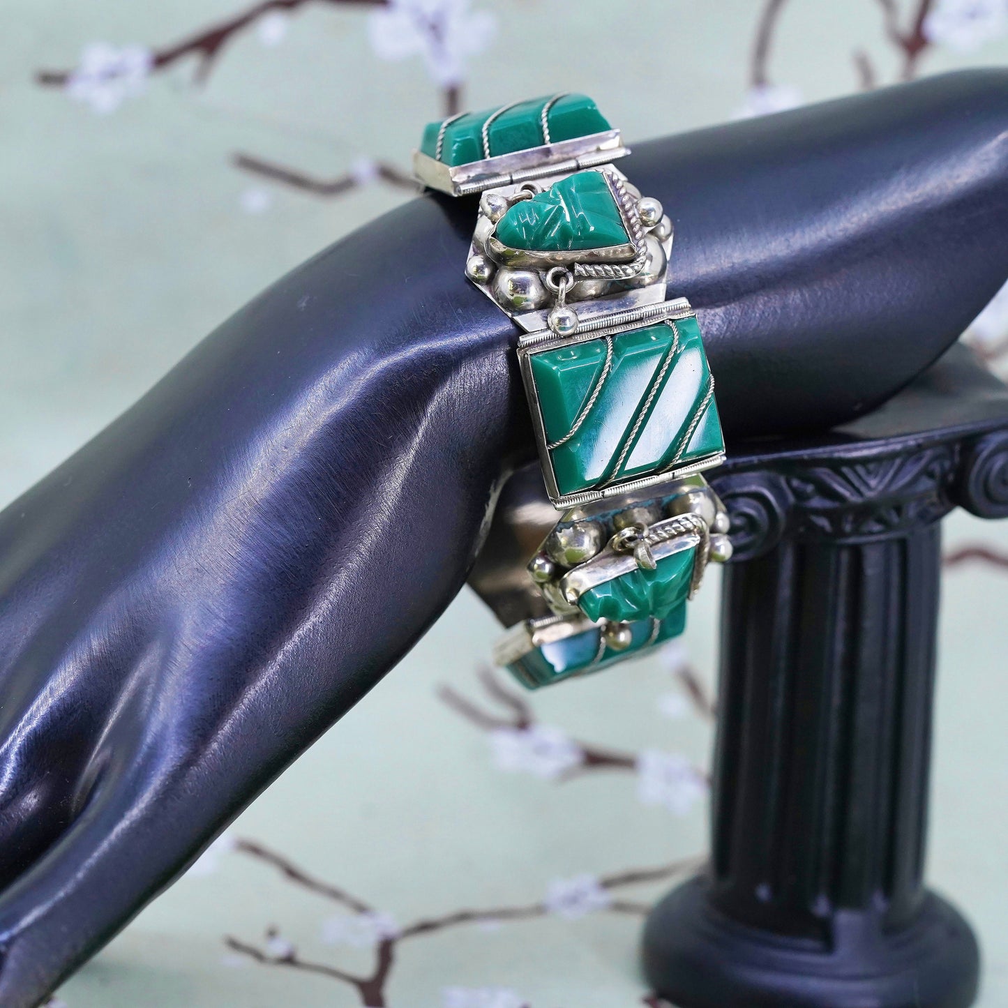 6.25", taxco vintage sterling silver bracelet, 925 cuff warrior face jade