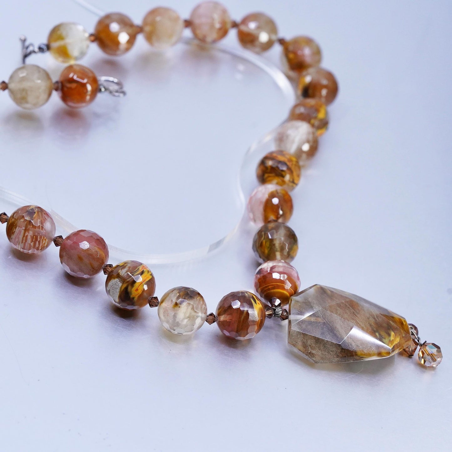 20", Vintage agate pink quartz necklace with sterling 925 silver toggle closure