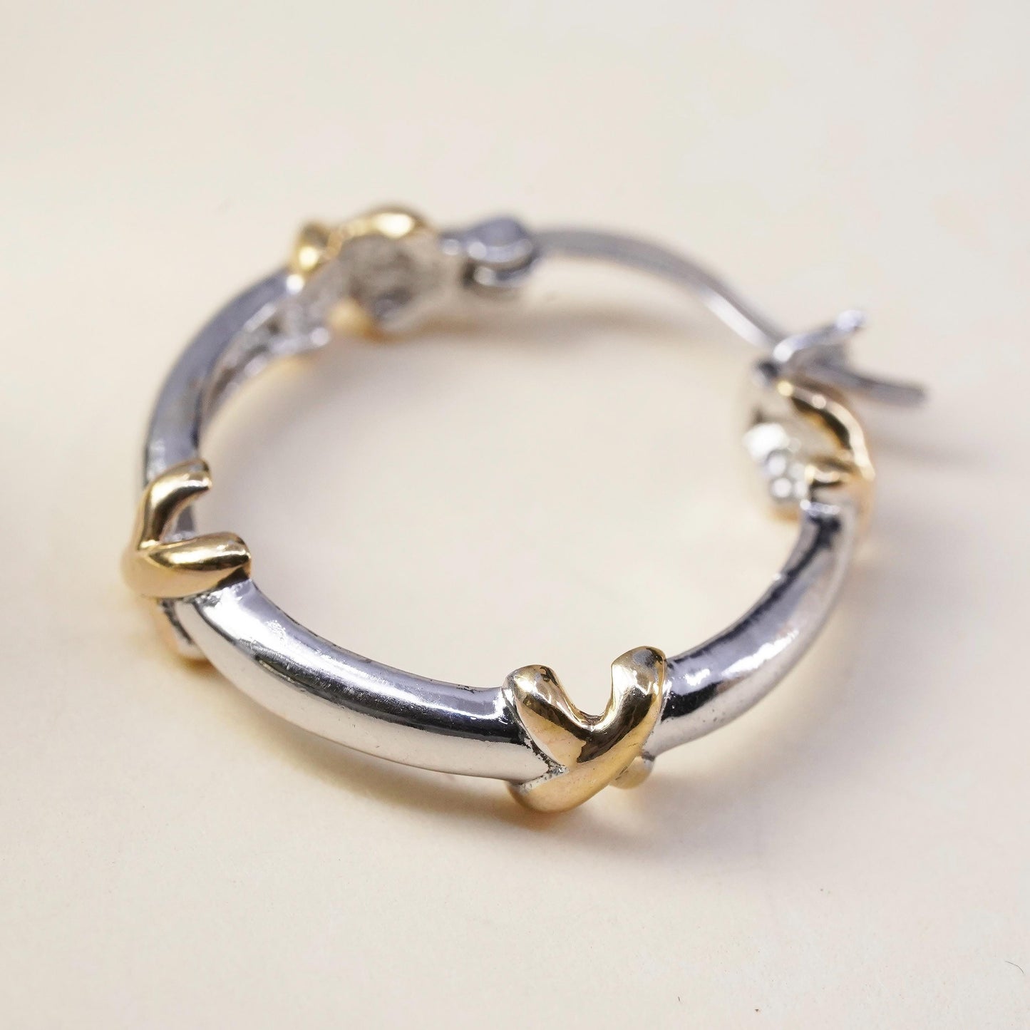 0.75", Vintage two tone sterling silver loop single earring, hoop with cross