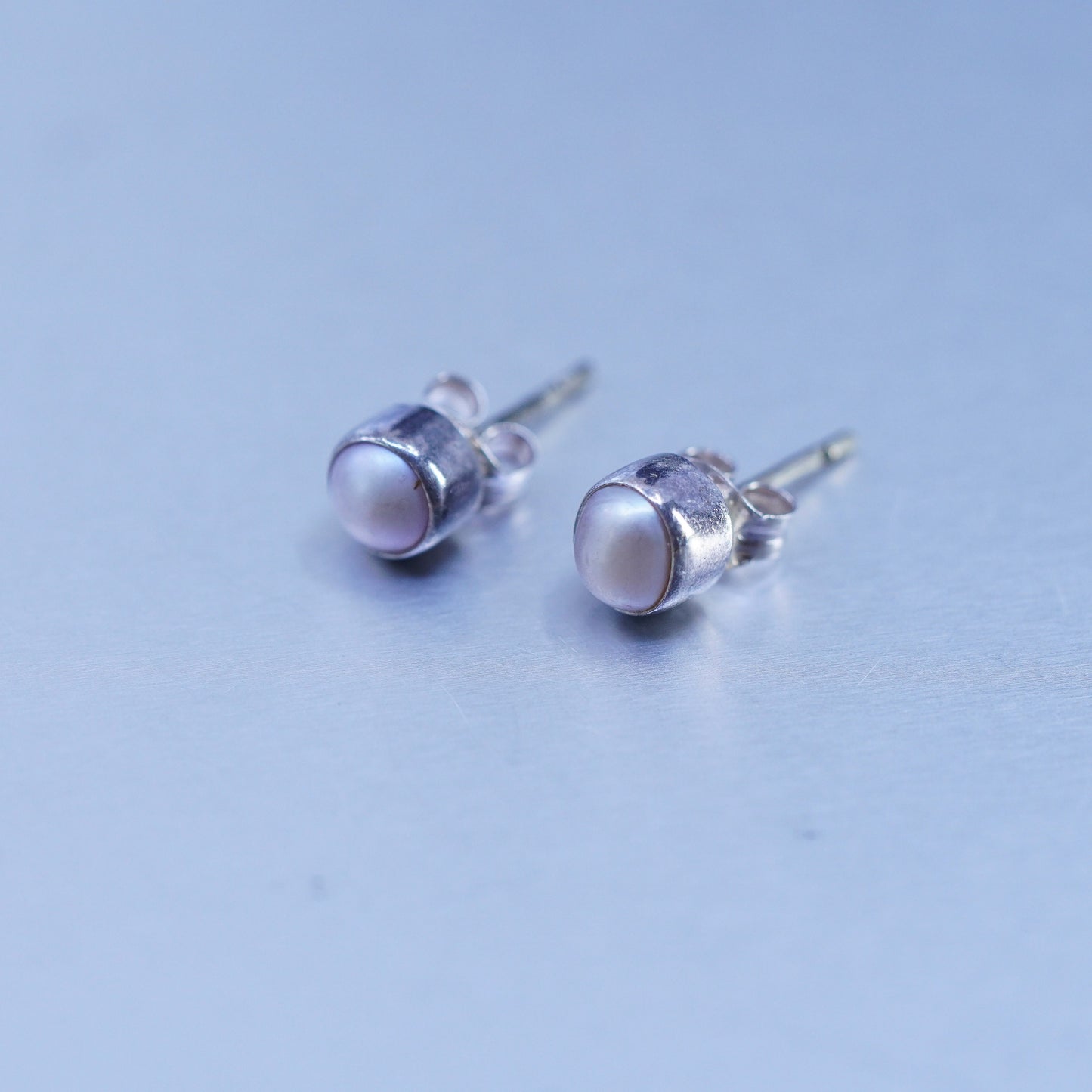 4mm, Vintage Sterling 925 silver handmade earrings, studs with pearl