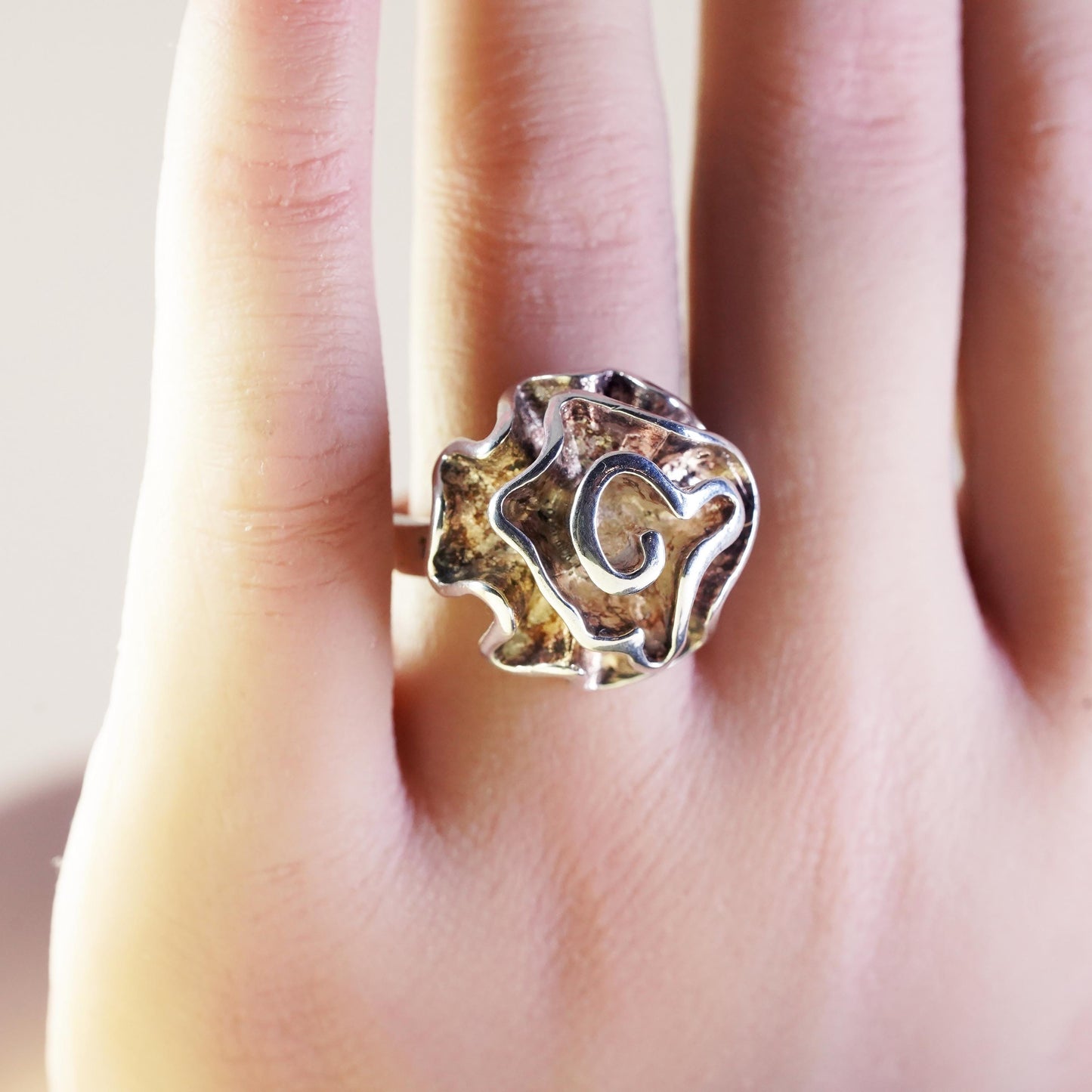 Size 8, vintage Sterling silver handmade ring, 925 abstract flower