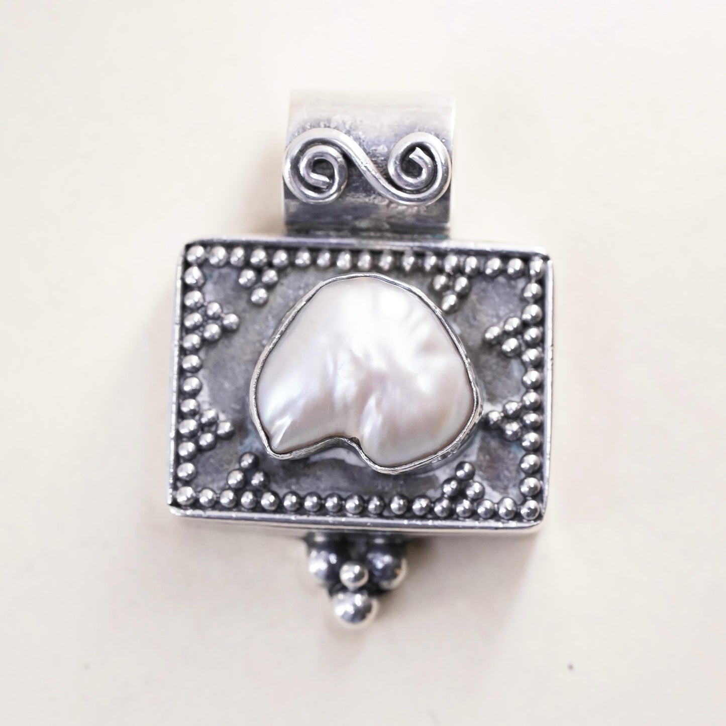 Vintage Sterling silver handmade pendant, 925 Bali square with heart pearl