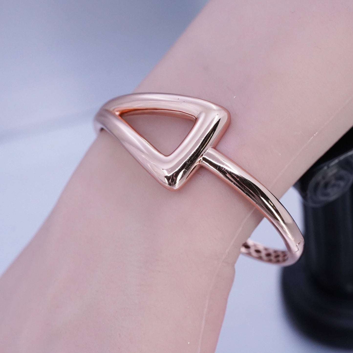 7”, vermeil rose gold Sterling 925 silver bracelet, triangular hinged bangle