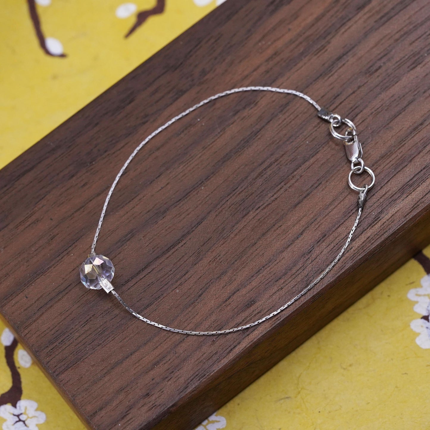 7.25", vintage sterling silver handmade bracelet, 925 snake chain crystal bead