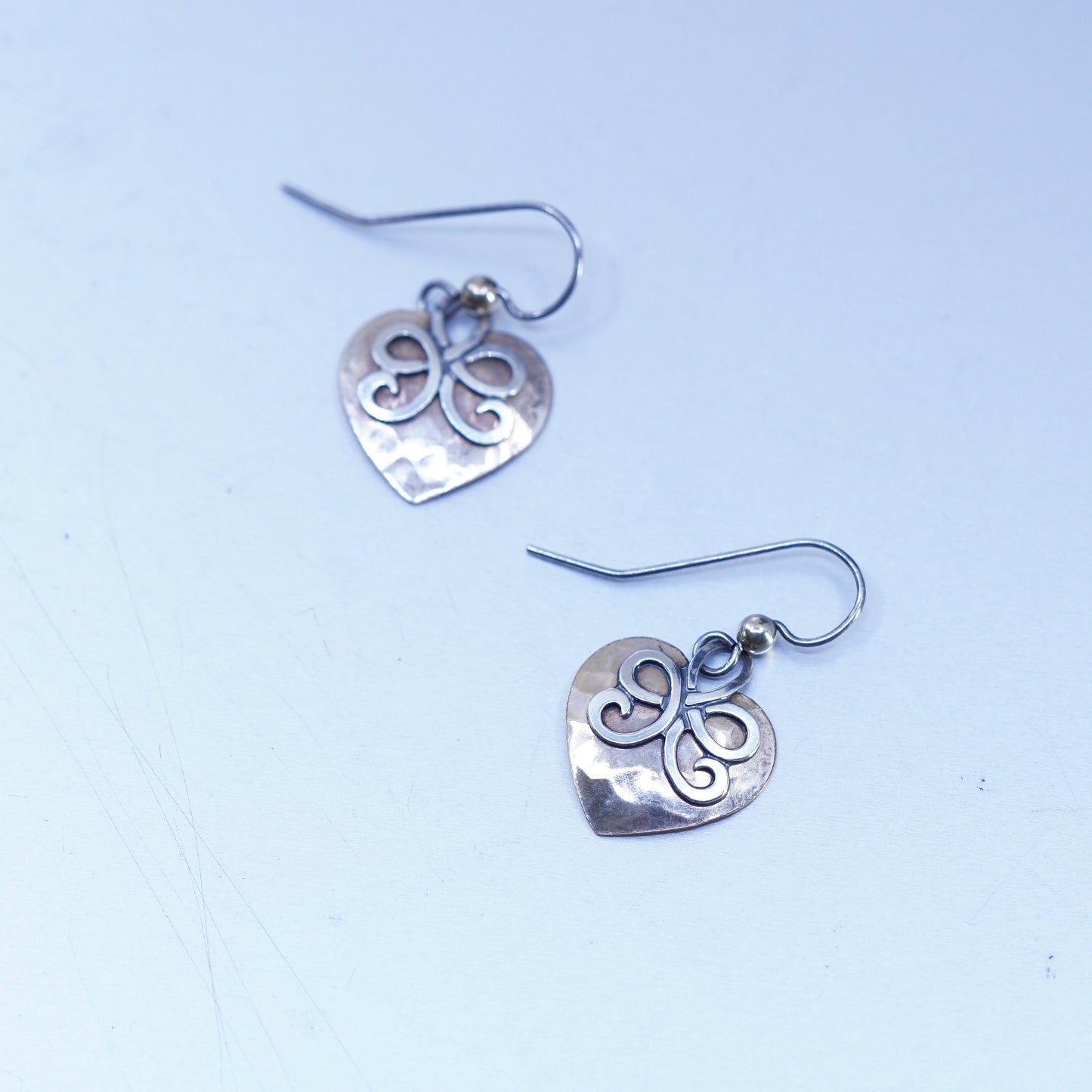 Vintage two tone Sterling 925 silver handmade earrings with heart disc