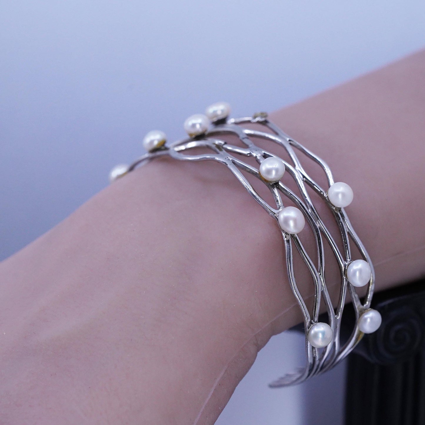 7", DAMAGED! Sterling 925 silver bracelet, ocean wave cuff freshwater pearls