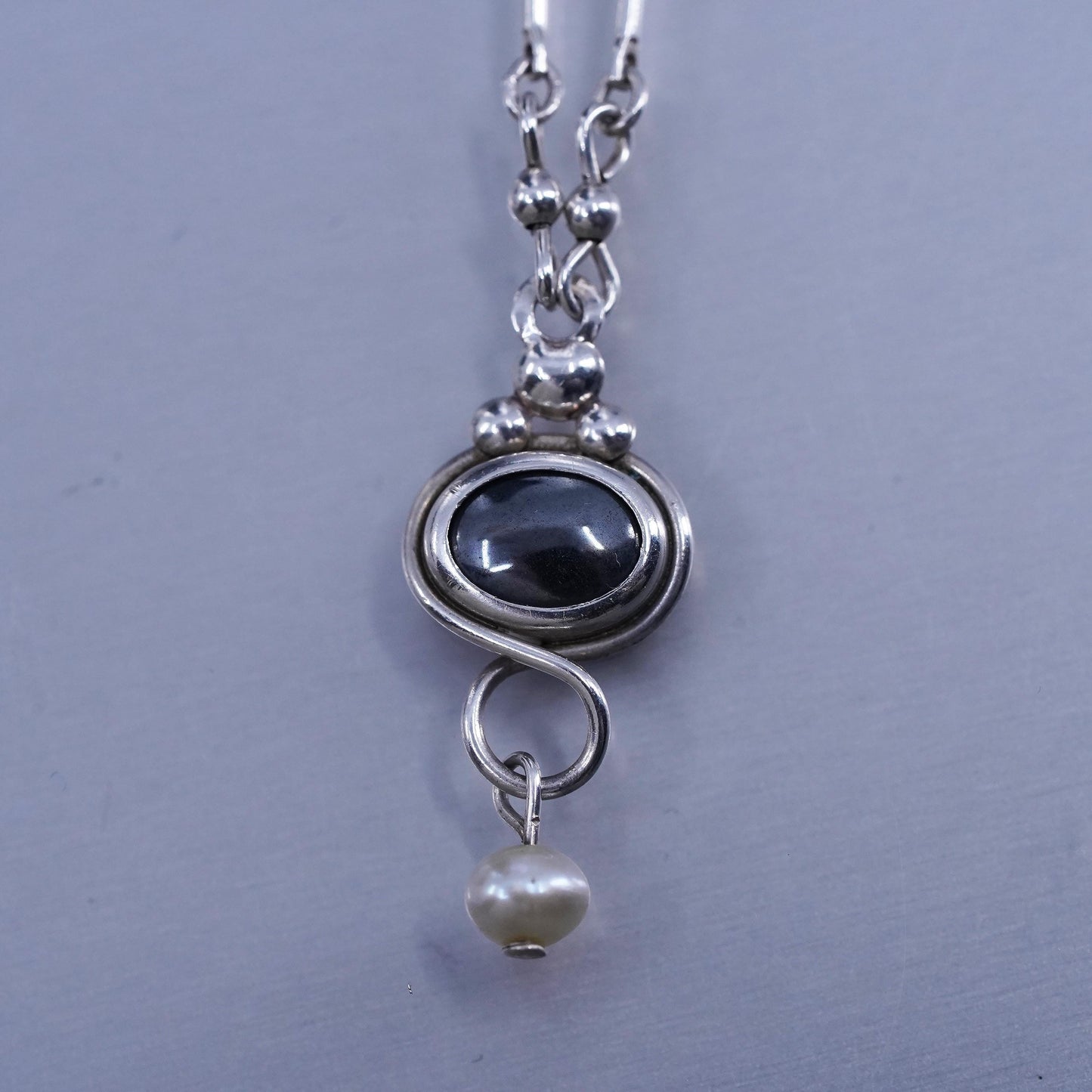 16”, Vintage Sterling 925 silver handmade bar chain necklace hematite pendant