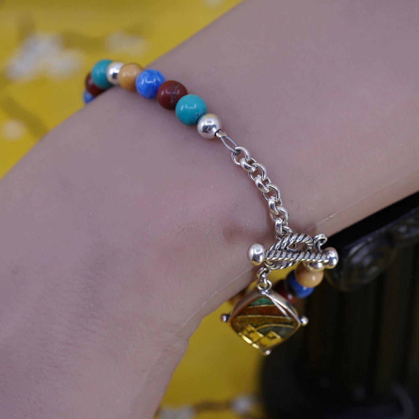 6.5+1", Carolyn Pollack 925 Sterling Silver Beaded Bracelet, Mountain Charm