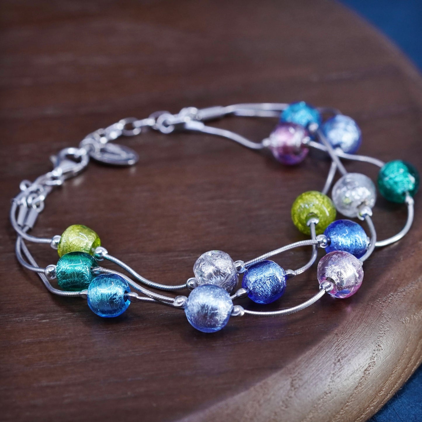 7.5+1”, Antica 925 Sterling silver snake chain bracelet artisan foiled glass