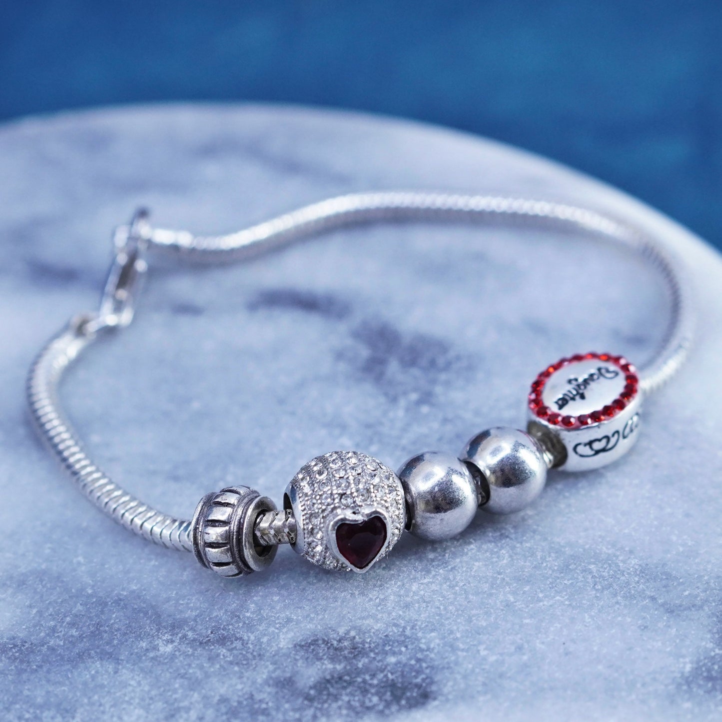 7”, Sterling silver bracelet 925 bold snake chain cluster heart daughter charms
