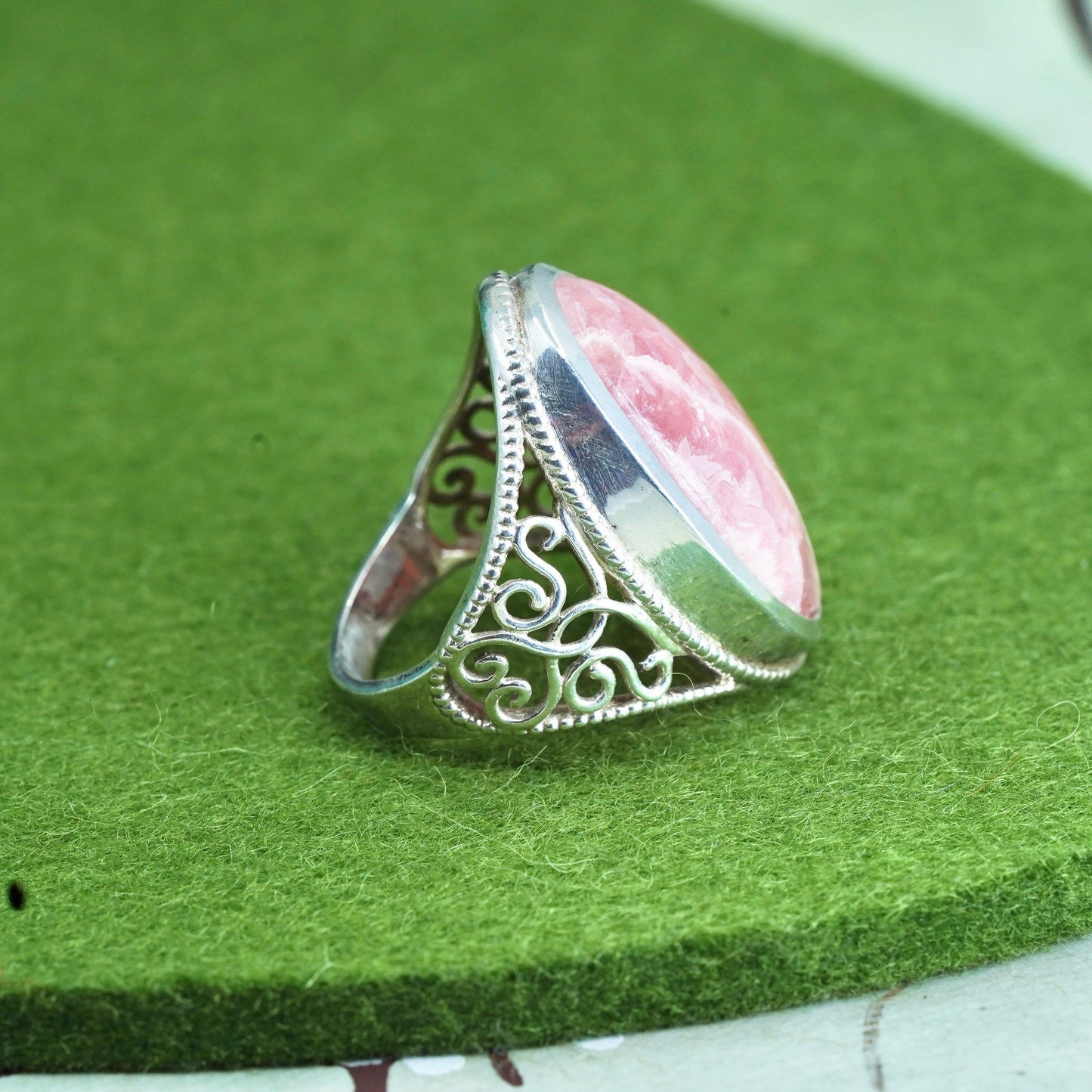 Size 9, Vintage sterling silver ring, filigree 925 ring pink Rhodochrosite