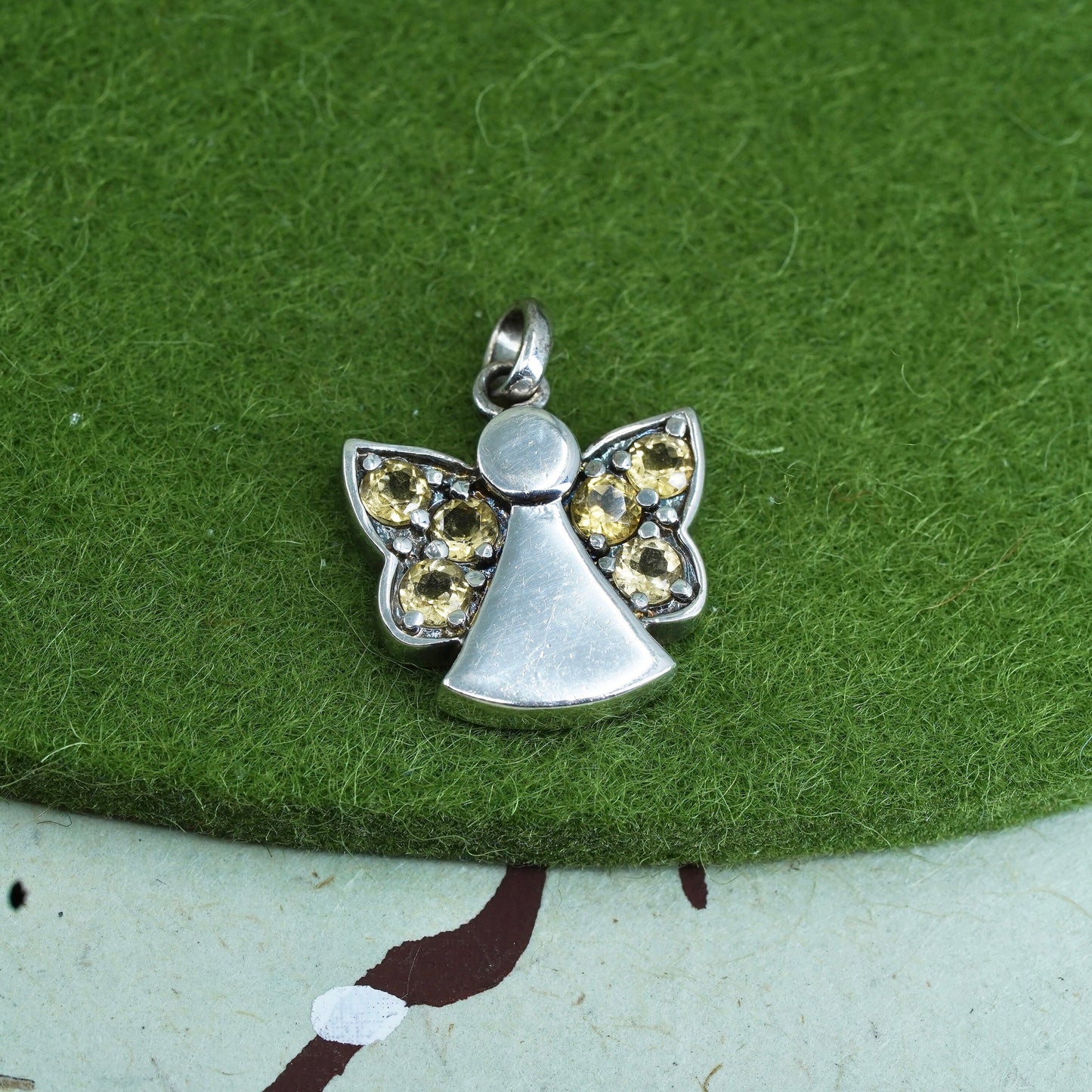 vintage Sterling silver angel pendant, 925 charm with citrine detail
