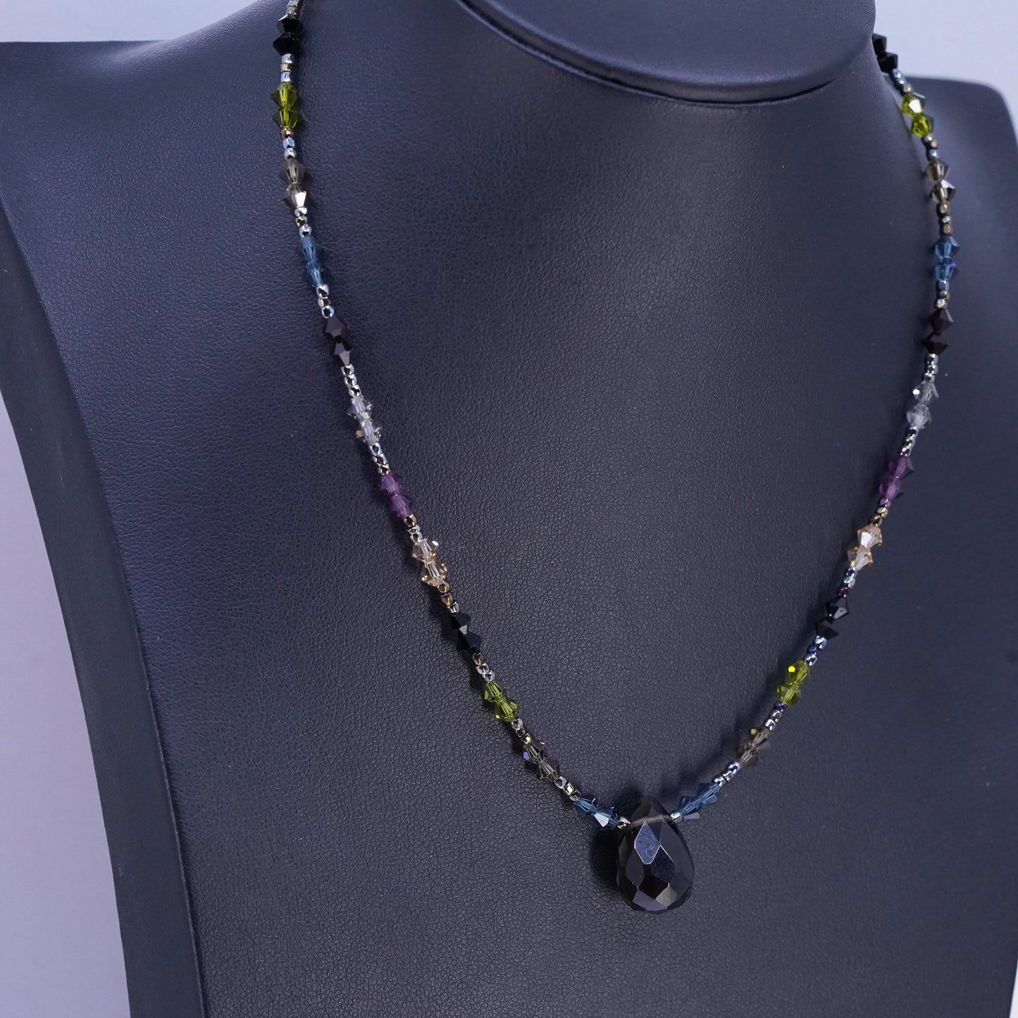 16”, Sterling 925 silver necklace crystal beads teardrop smoky quartz pendant