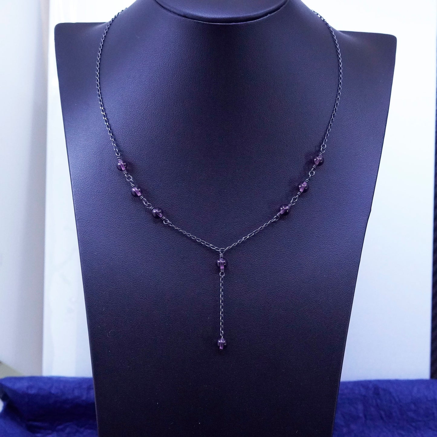 16”, STG Sterling silver handmade necklace, 925 curb chain with garnet beads