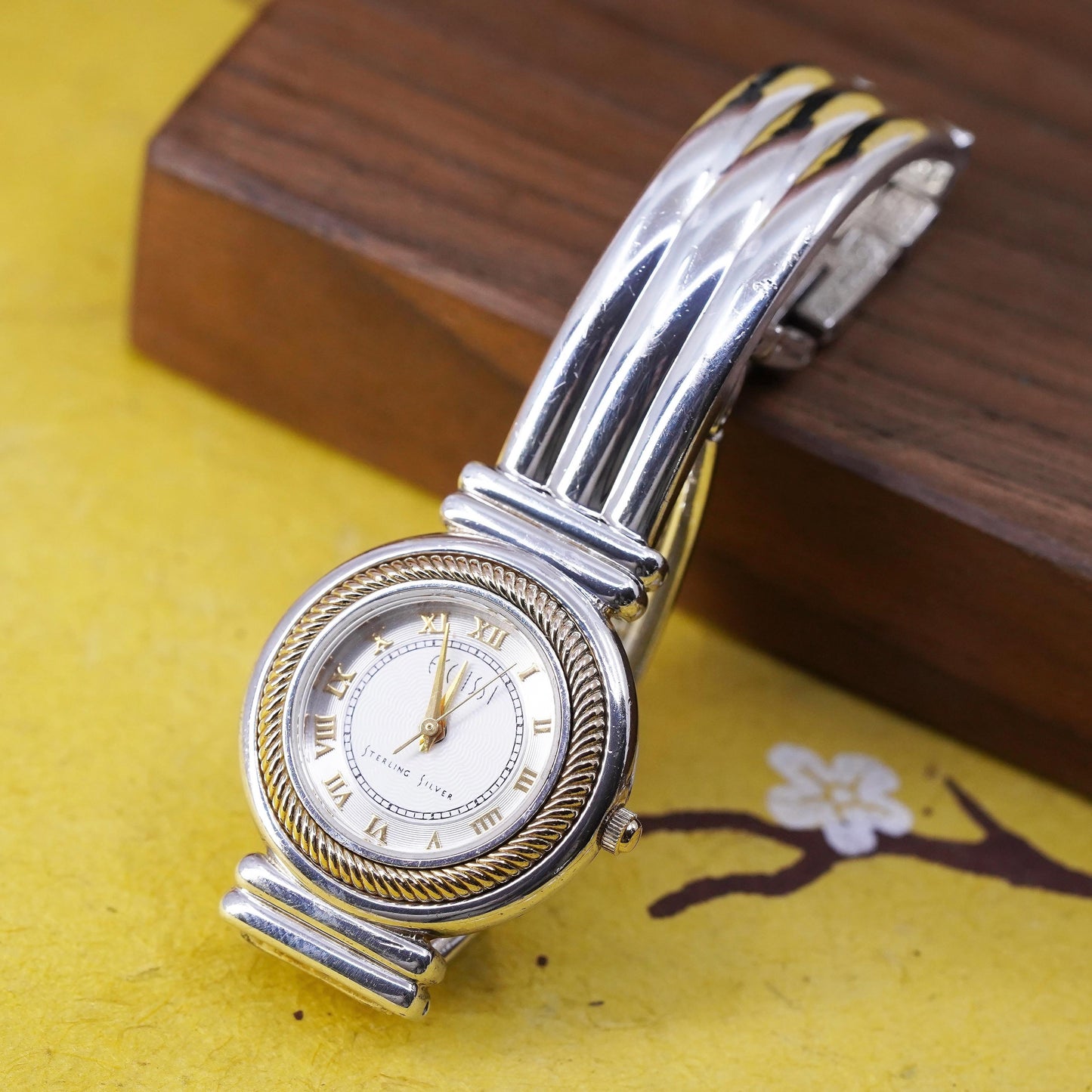Ecclissi round face watch with sterling 925 silver watch band gold cable
