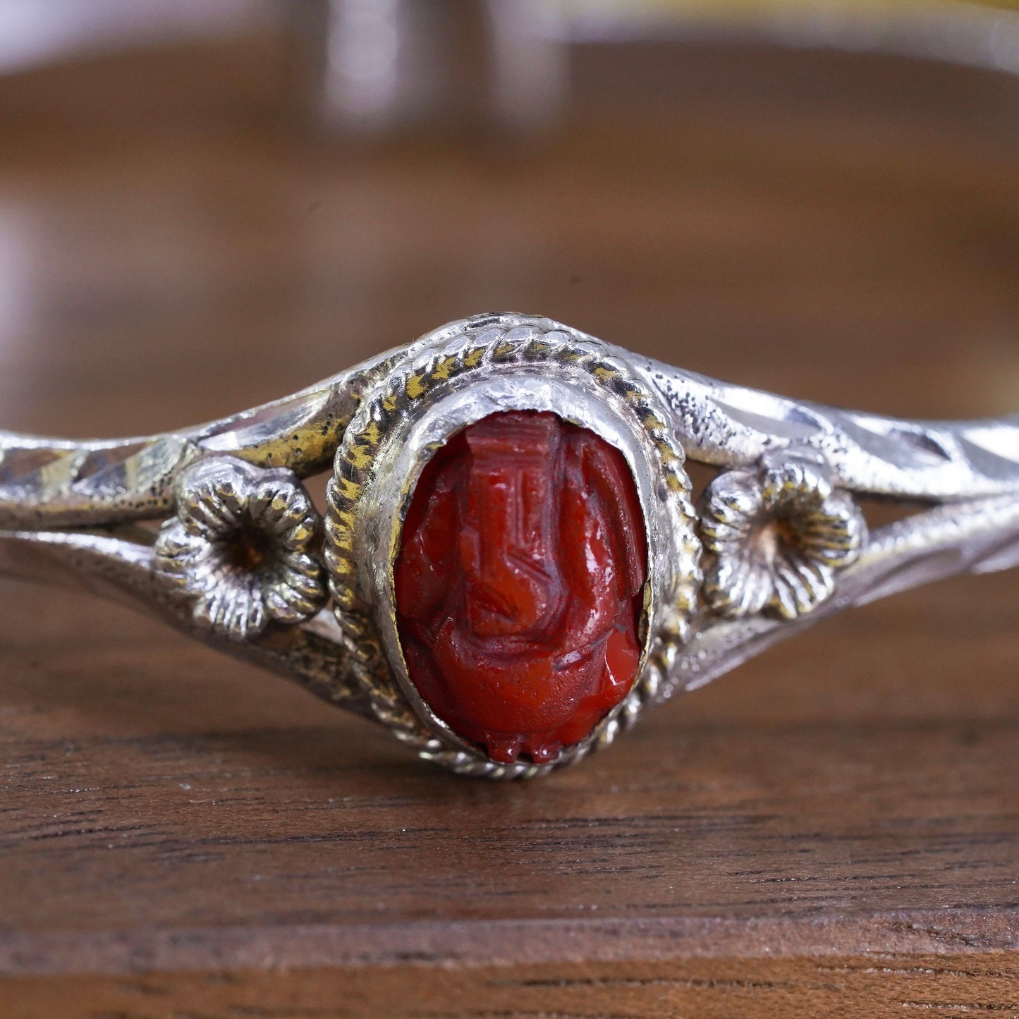 Vintage Sterling silver handmade bracelet, 925 baby bangle with carved cinnabar
