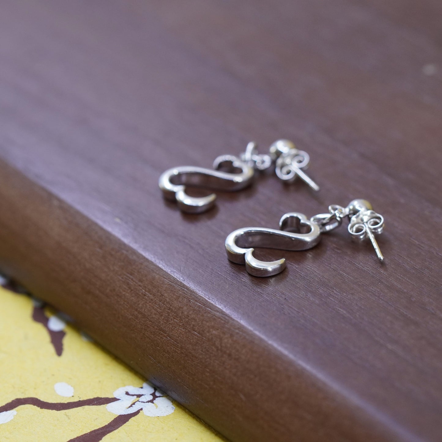 Vintage Sterling silver handmade earrings, 925 open heart dangles
