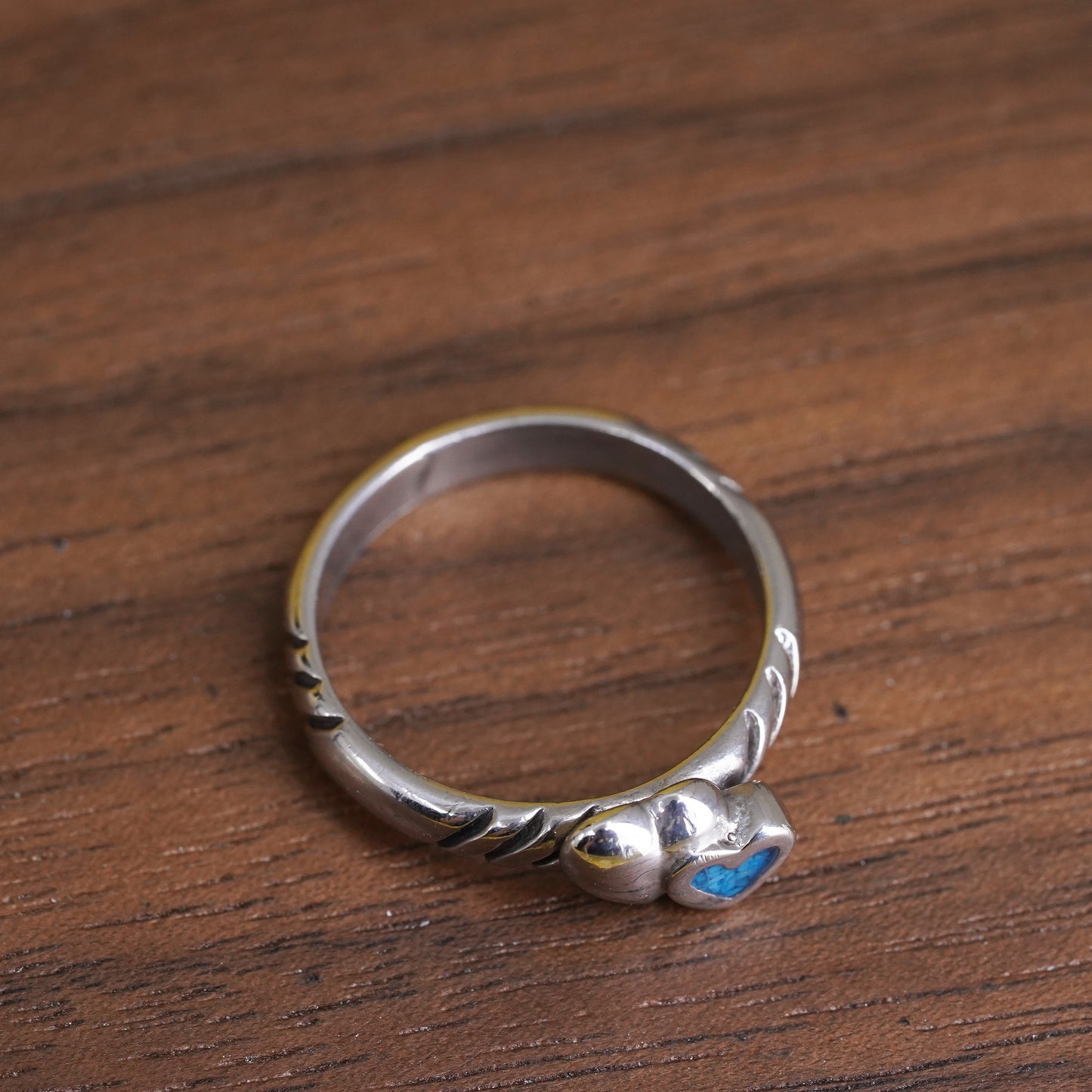 Size 3, vintage Sterling silver handmade ring, mexico 925 heart band turquoise