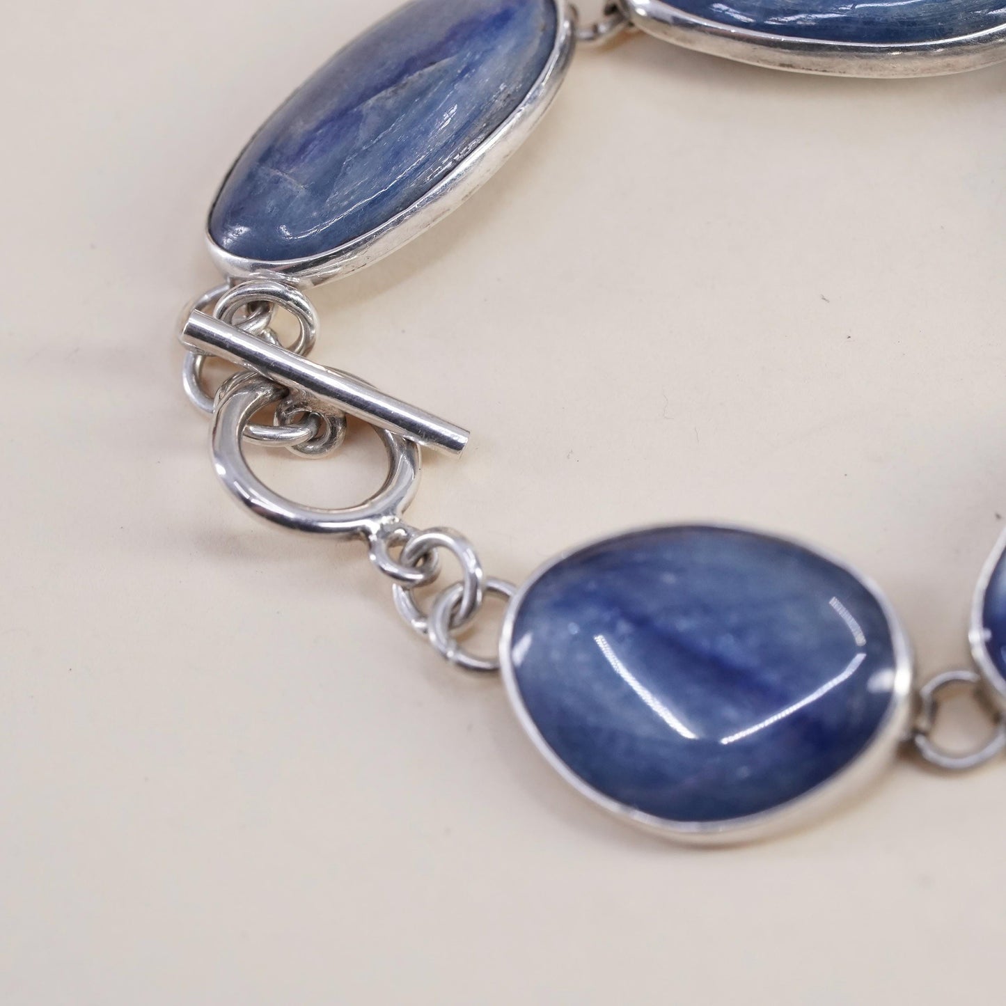 7”, Sterling 925 Silver Blue Kyanite Bracelet, Oval Kyanite Cabochon chain