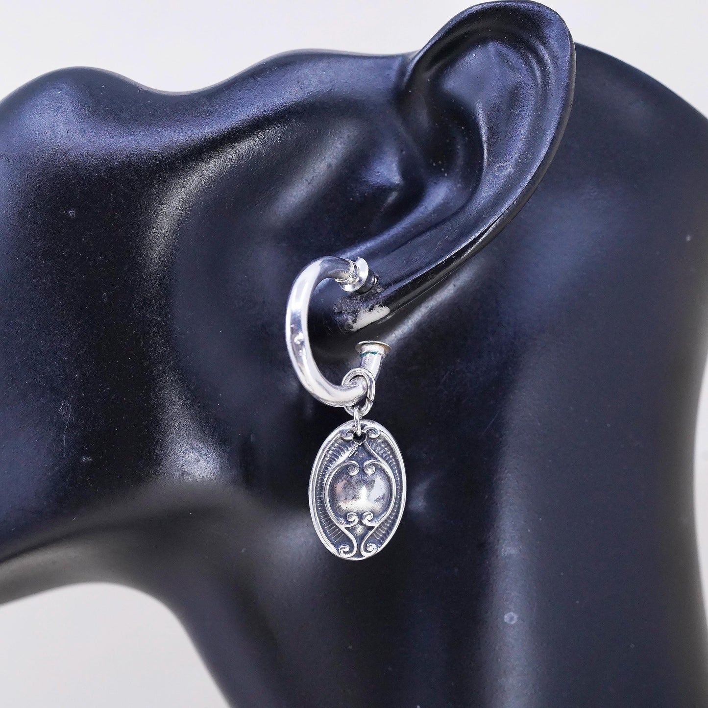 0.75” Vintage 925 Sterling Silver Handmade Earrings Dangles, Oval Scroll Hoops