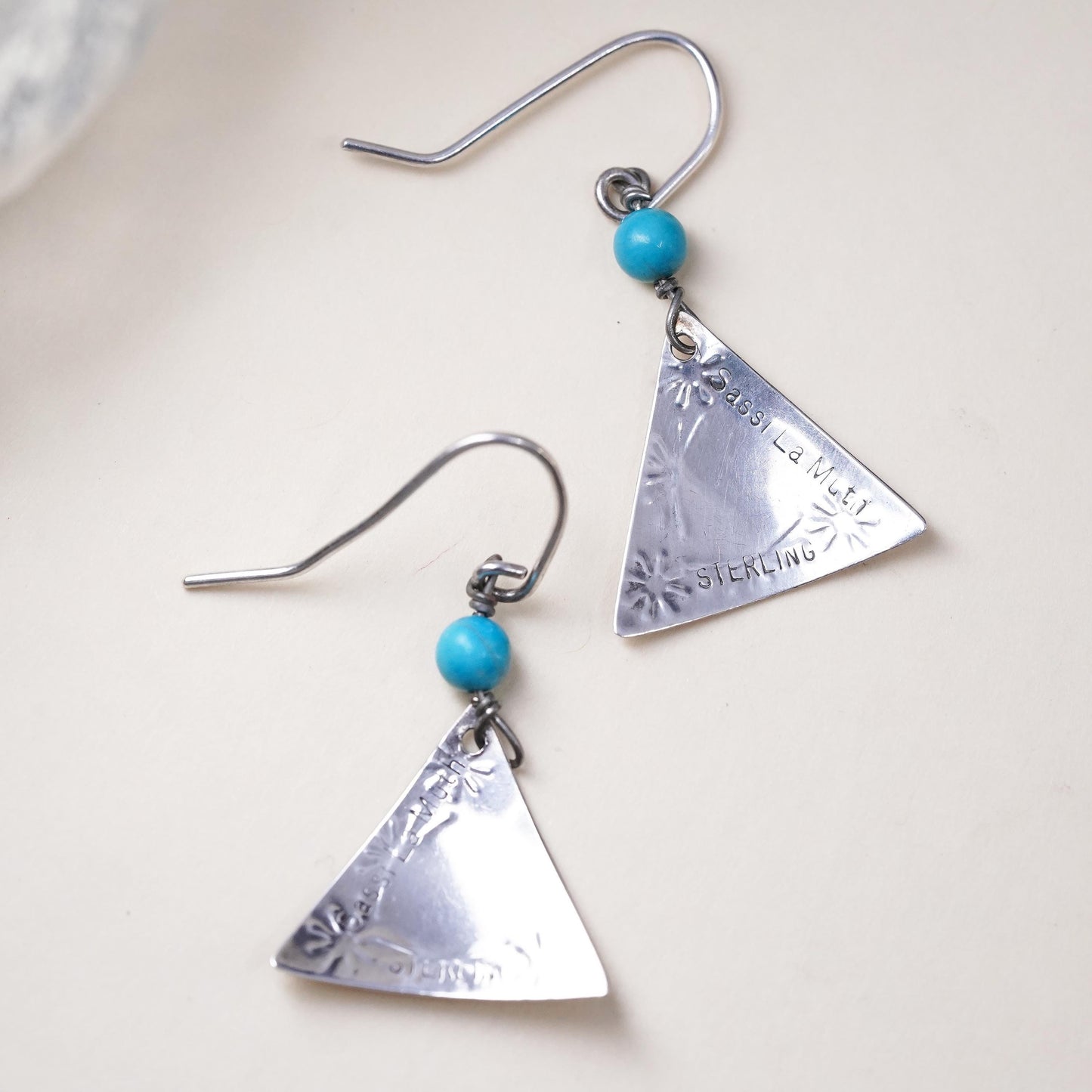 Southwestern sterling silver 925 handmade triangular earrings turquoise beads