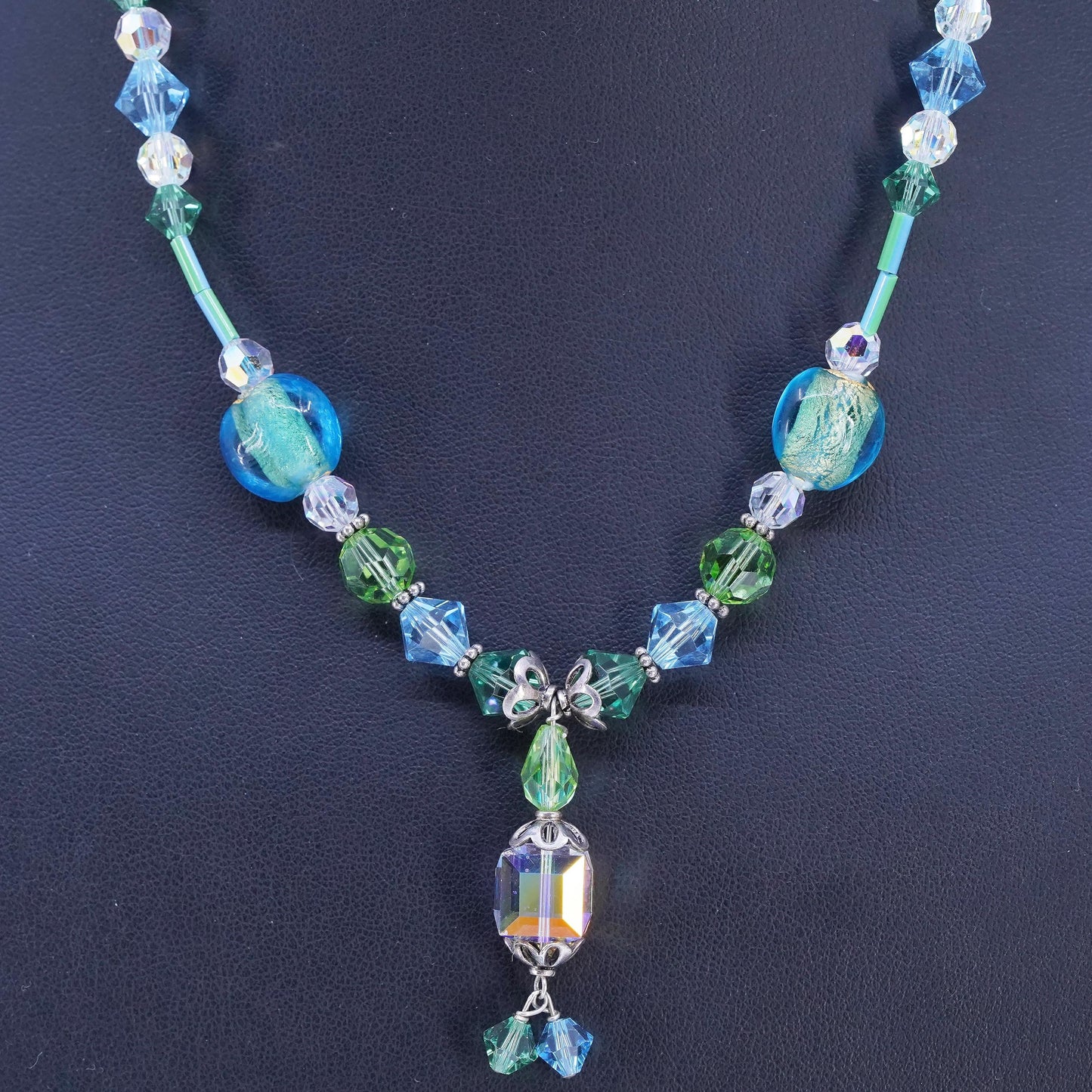 16+2", Vintage Sterling handmade necklace, 925 Silver Clasp W/ green AB Crystal