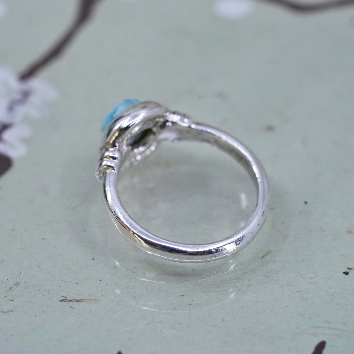 Size 7.25, Vintage Sterling silver handmade ring, 925 band with Larimar