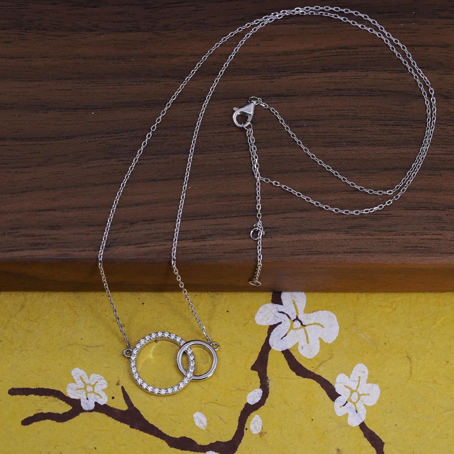 18+2”, vintage Sterling silver necklace, 925 circle rope chain diamond pendant