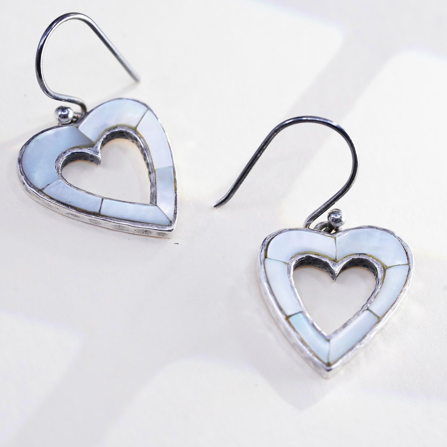 Vintage Peyote Bird sterling 925 silver earrings mother of pearl inlay heart