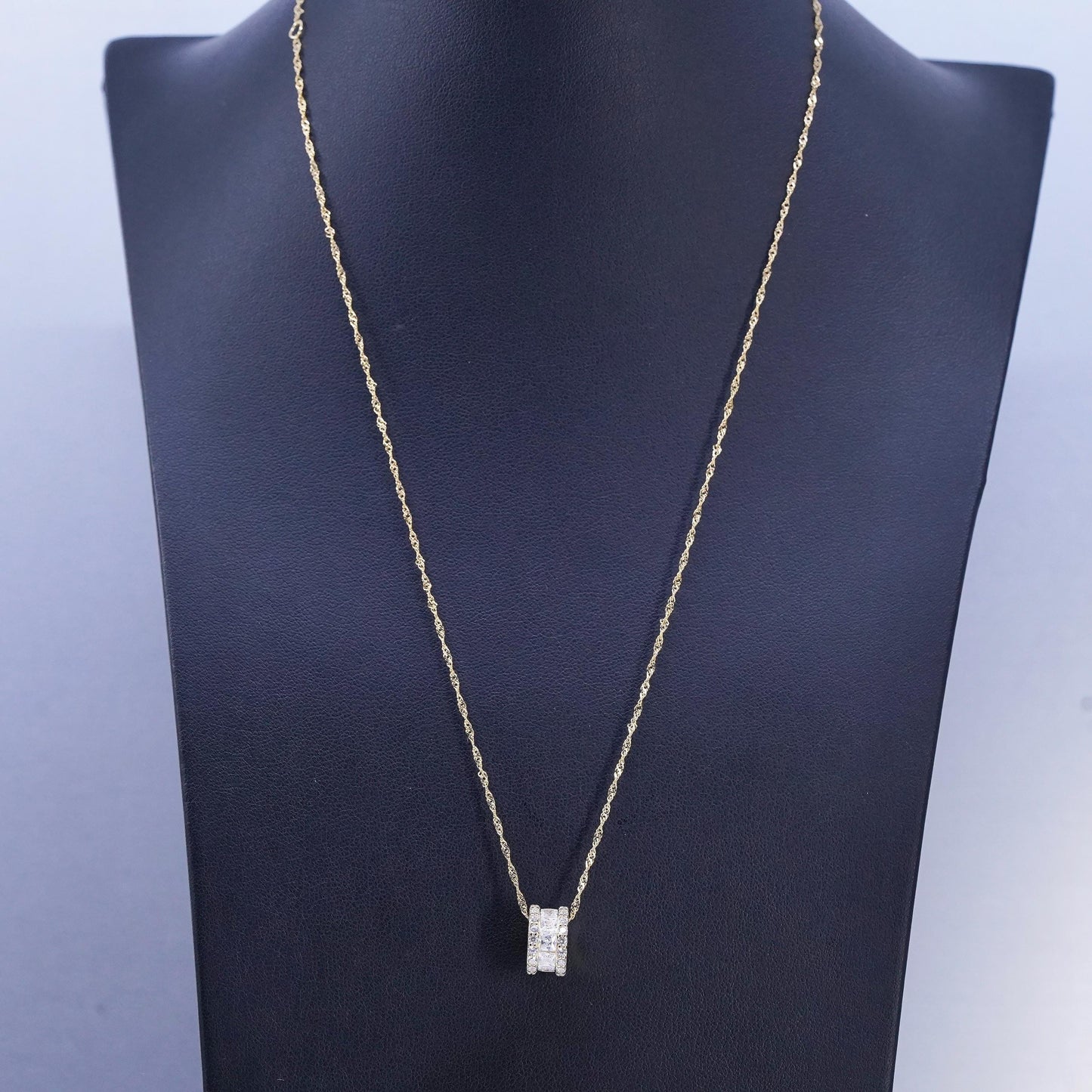 17+2" vermeil gold Sterling 925 silver twisted curb necklace cluster cz pendant