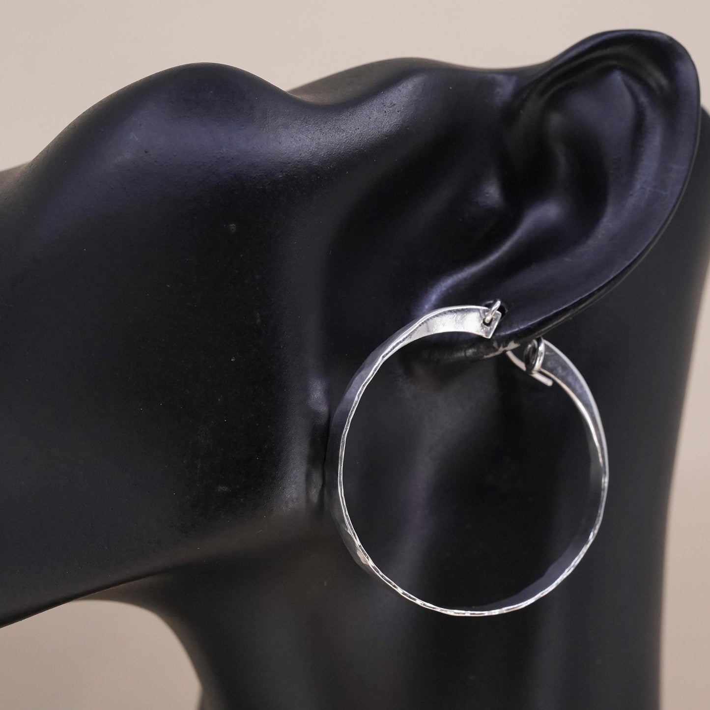 1.75", Vintage sterling silver loop single earring, flatten hammered hoop