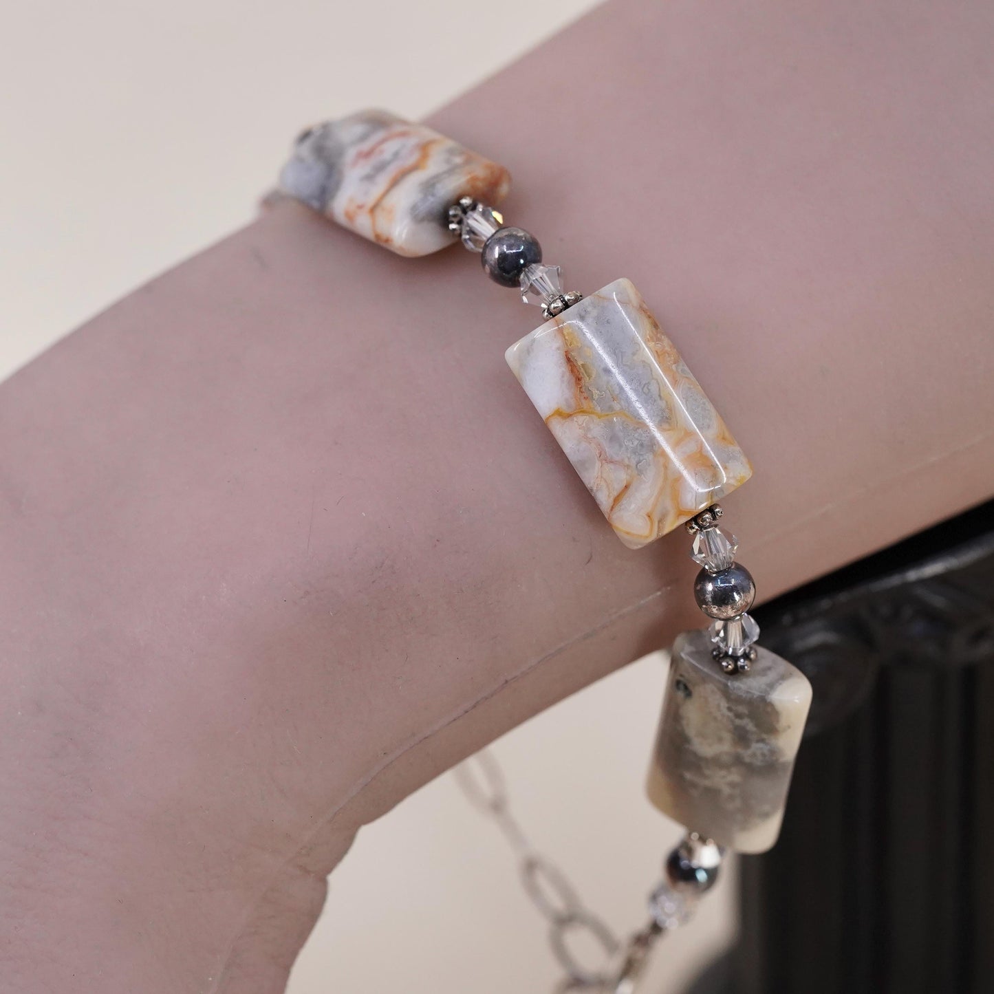 7+2", vintage Sterling 925 silver handmade bracelet with jasper links
