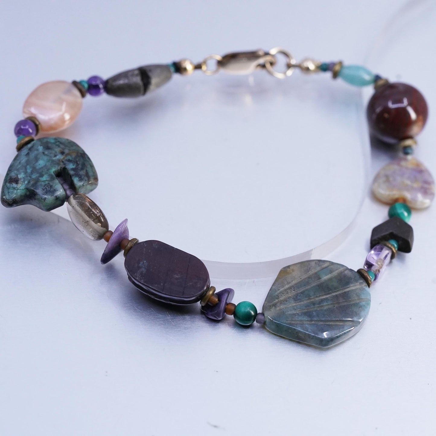 7.5", southwestern bracelet with curved turquoise bear, turtle moss agate shell