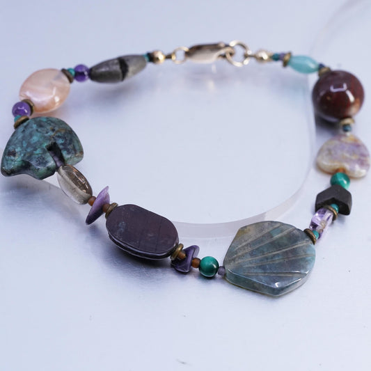 7.5", southwestern bracelet with curved turquoise bear, turtle moss agate shell