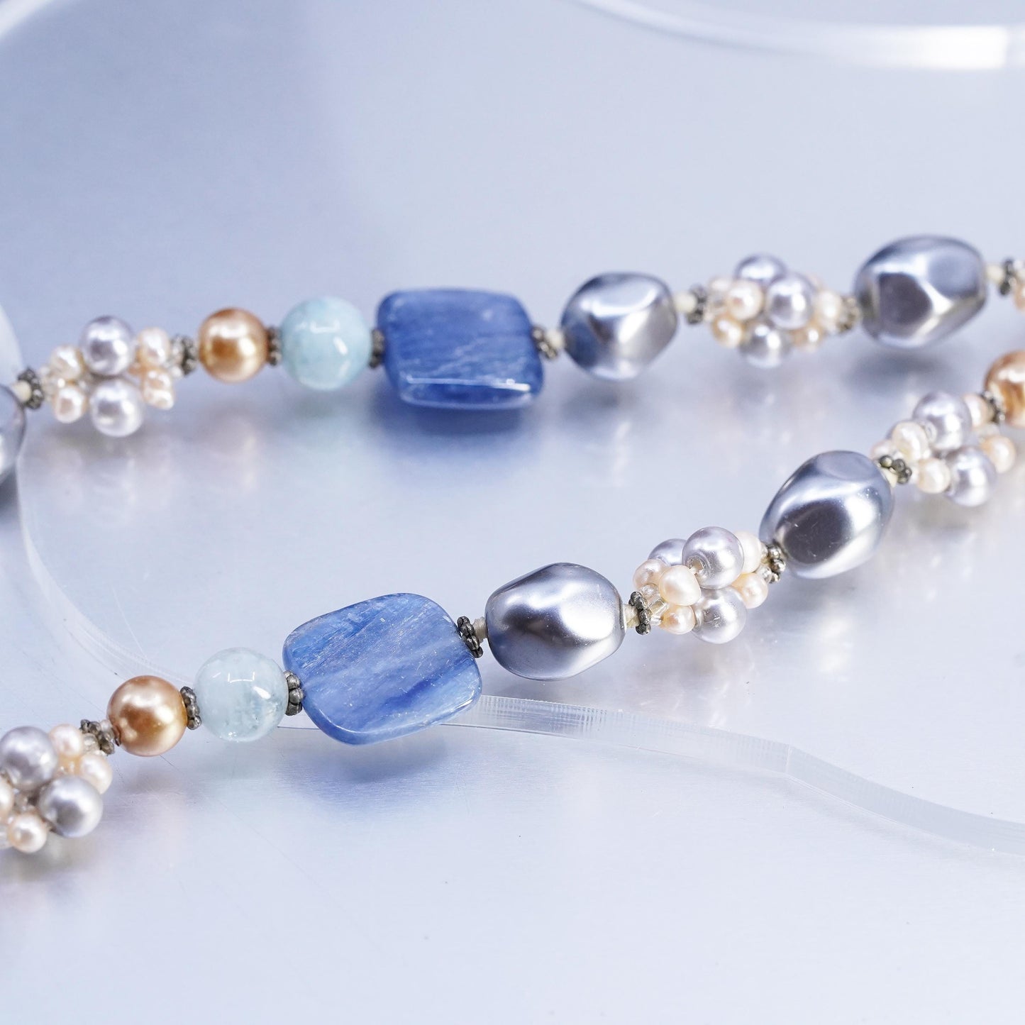 16+2", vintage Sterling 925 silver necklace with pearl aquamarine kyanite beads