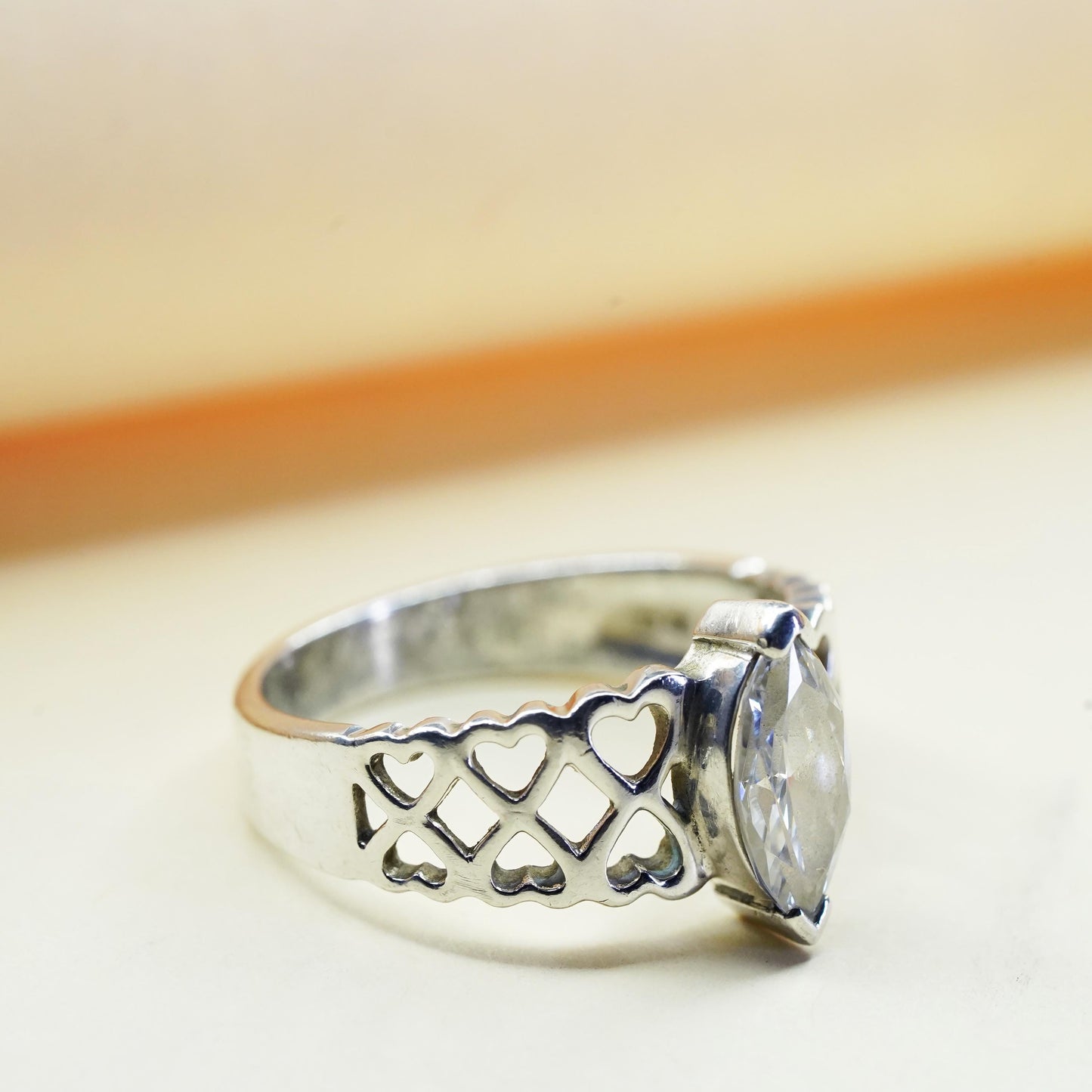 Size 10, VTG 925 Sterling silver filigree ring Marquise cut cz, engagement ring